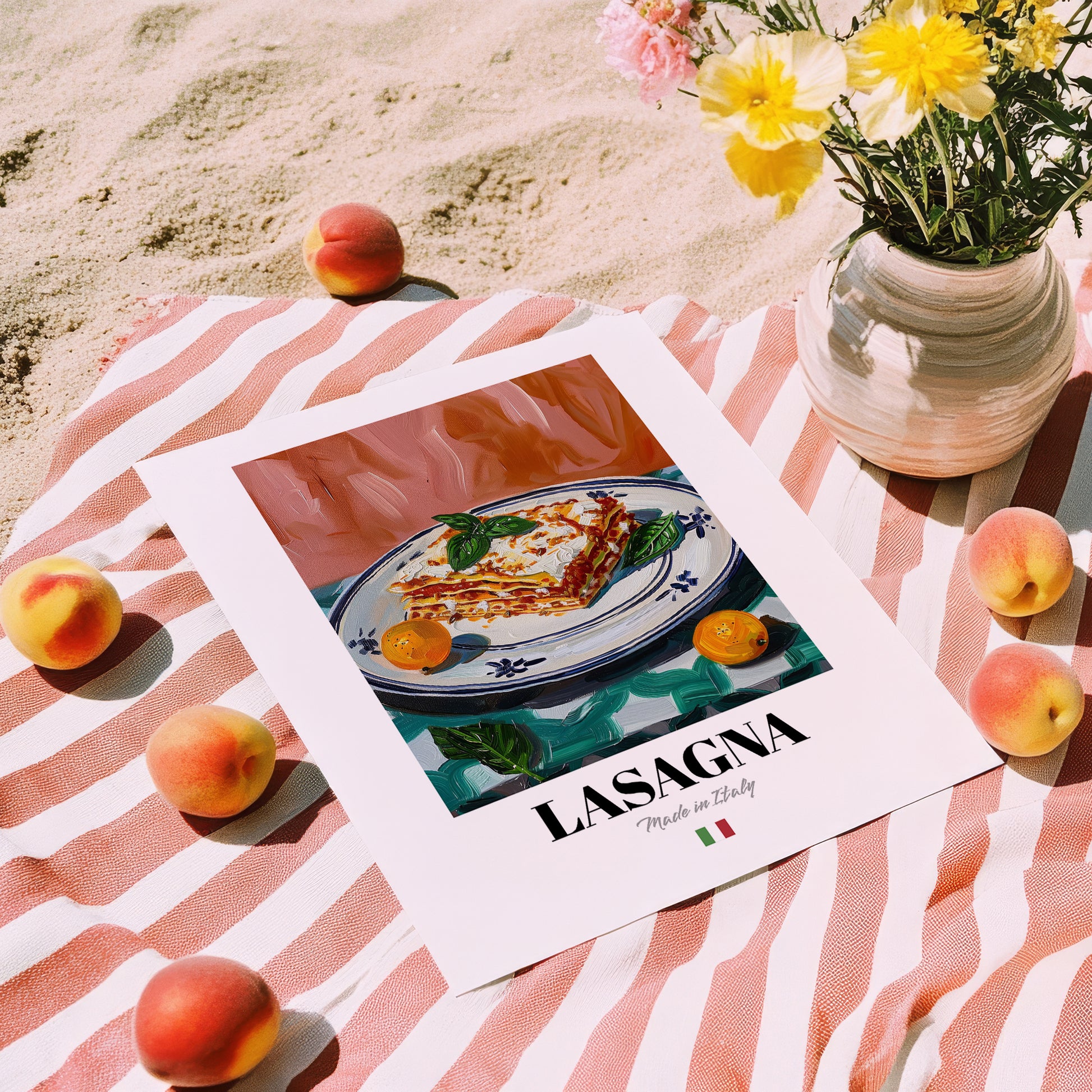 Lasagna – Italian Pasta, Trattoria Still Life, unframed on coastal sand