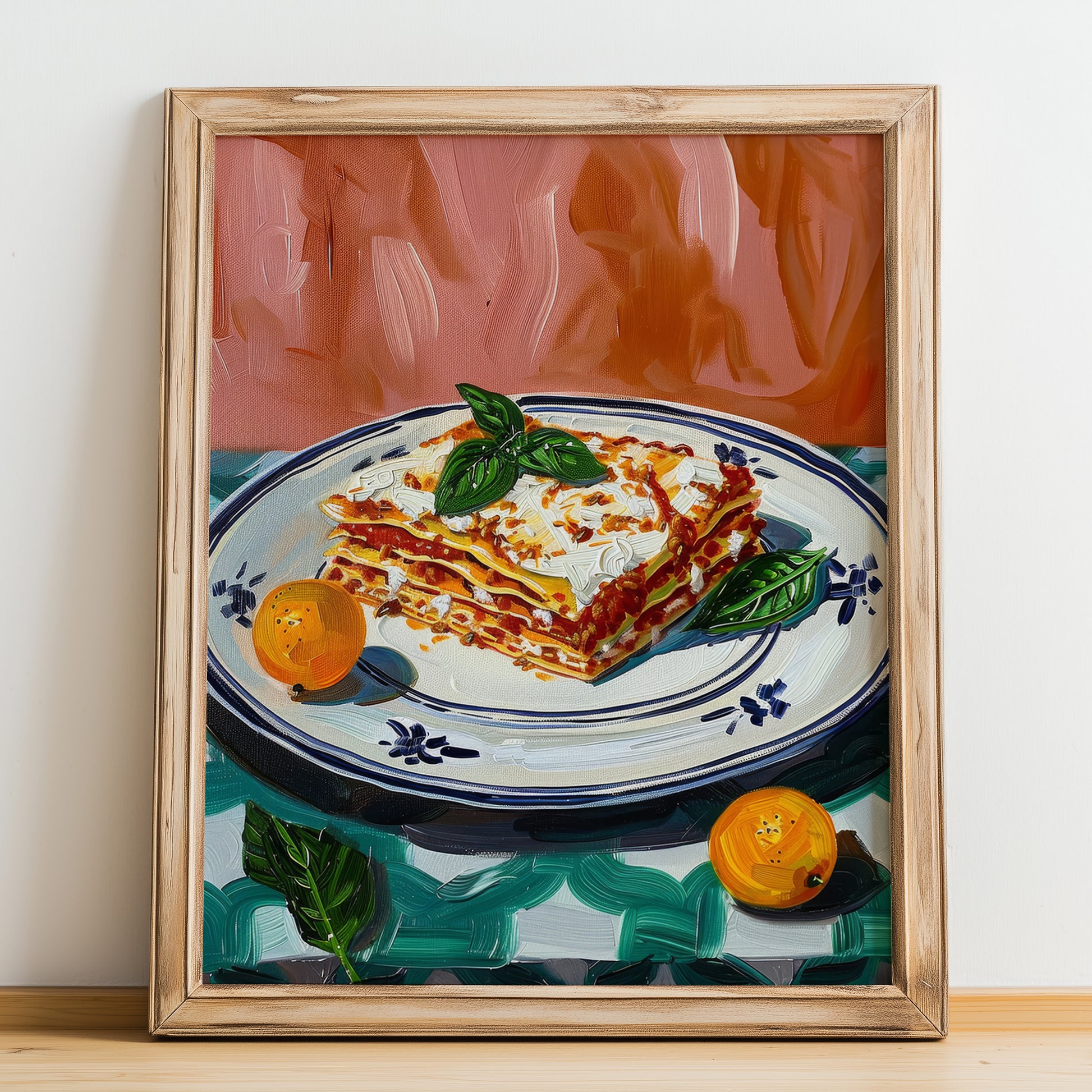 Lasagna – Italian Pasta, Trattoria Still Life, no-text version framed in wood