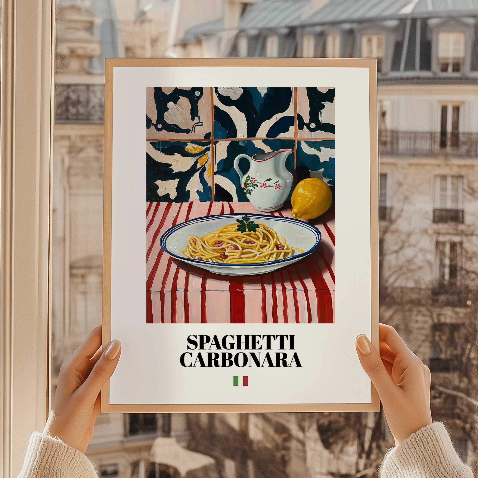 Spaghetti Carbonara – Italian Pasta, Osteria Poster, styled in a charming Paris street view