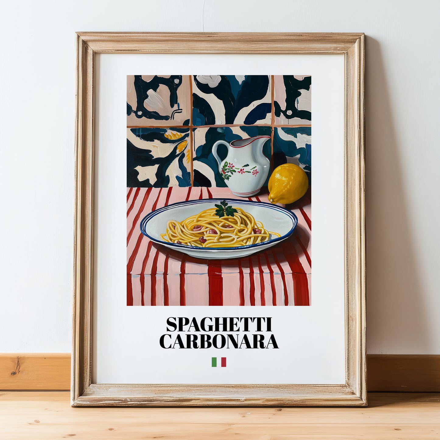 Spaghetti Carbonara – Italian Pasta, Osteria Poster, in wooden frame leaning on the floor