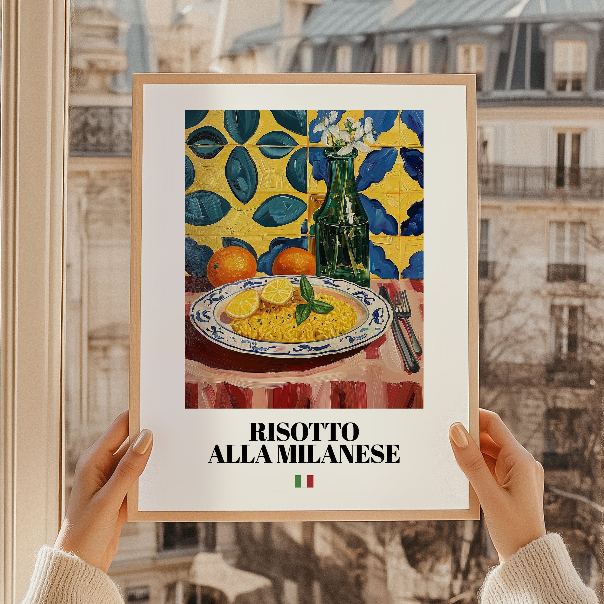 Risotto alla Milanese – Italian Rice Dish, Farmhouse Kitchen Illustration, styled in a charming Paris street view