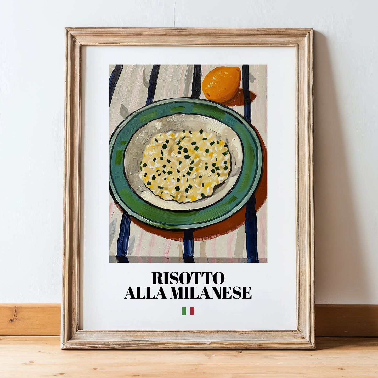 Risotto alla Milanese – Italian Rice Dish, Café Wall Art, in wooden frame leaning on the floor
