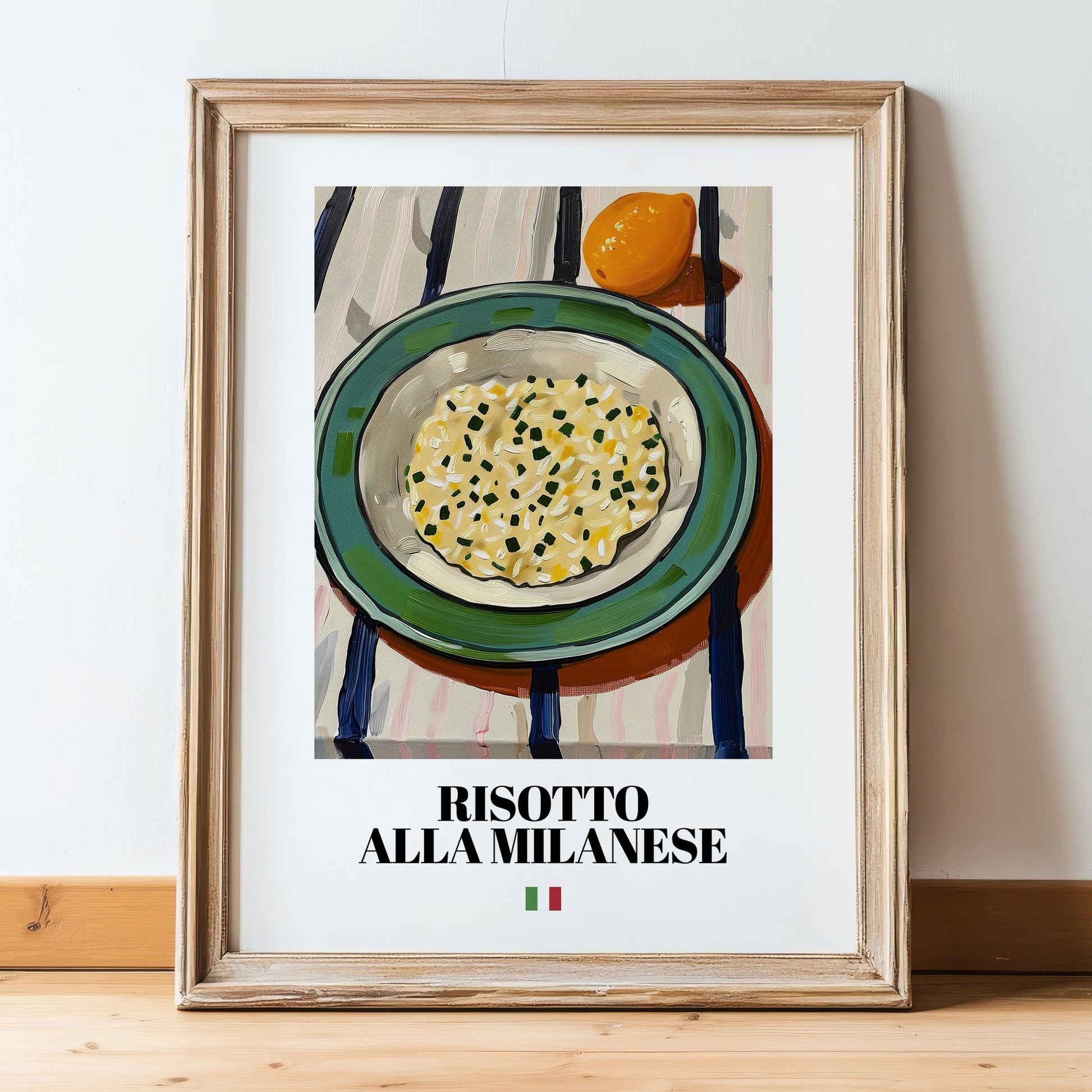 Risotto alla Milanese – Italian Rice Dish, Café Wall Art, in wooden frame leaning on the floor