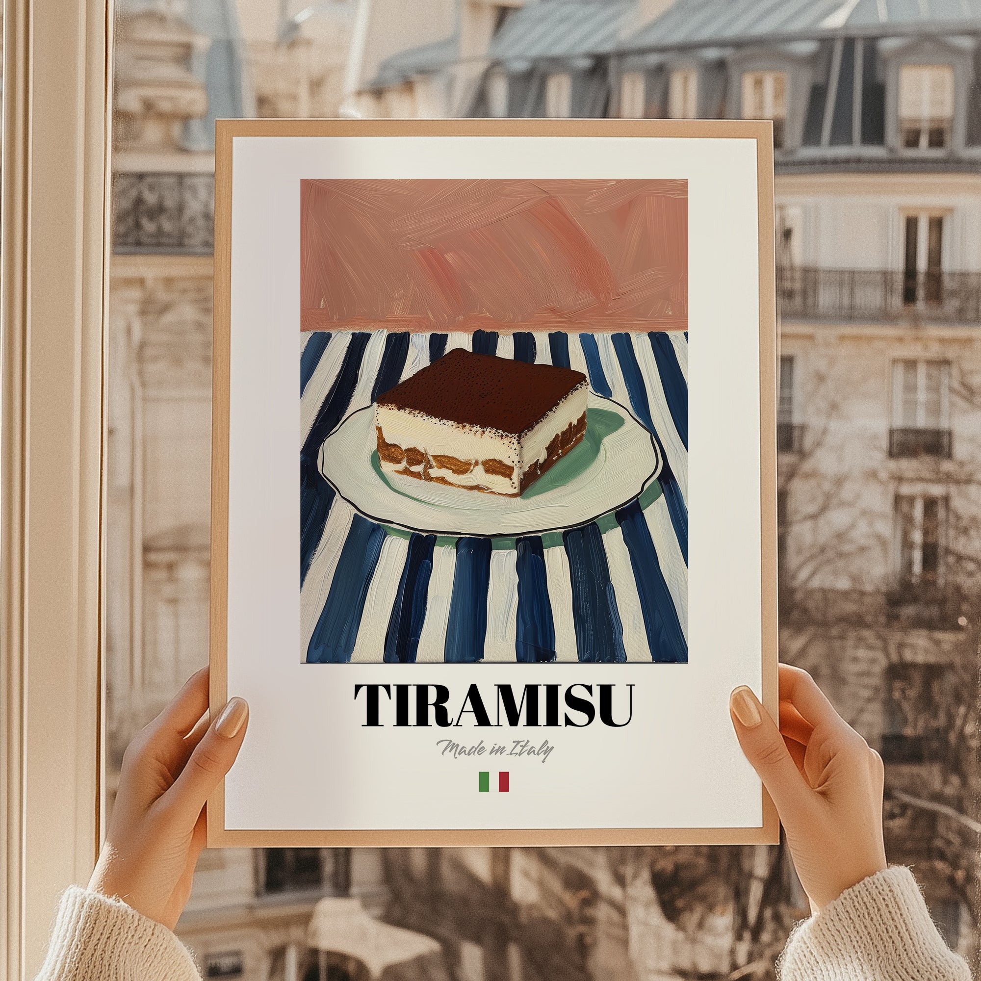 Tiramisu – Italian Dessert Dish, Restaurant Poster, styled in a charming Paris street view