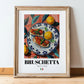 Bruschetta – Italian Snack Dish, Farmhouse Kitchen Illustration, in wooden frame leaning on the floor