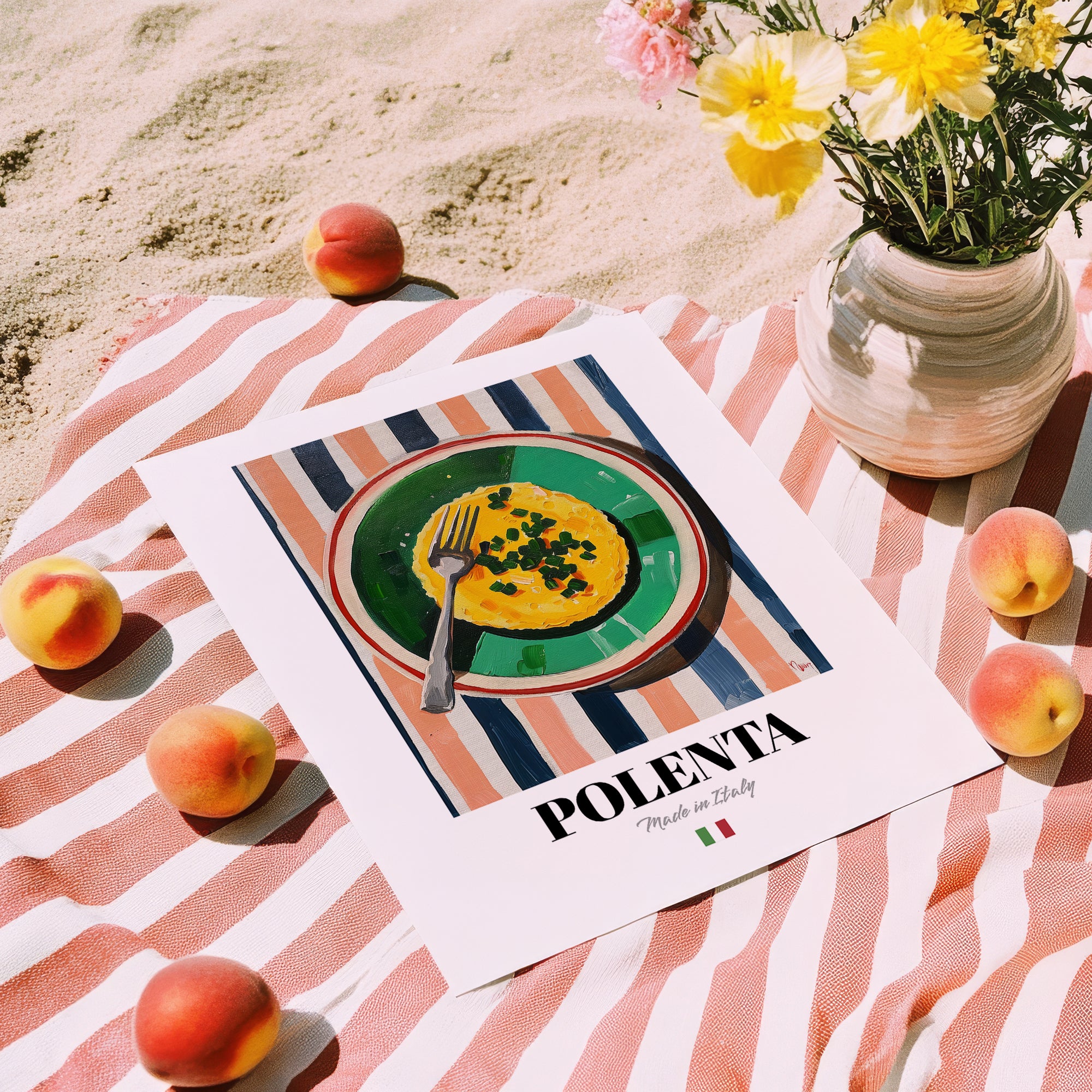 Polenta – Italian Dish, Restaurant Poster, unframed on coastal sand