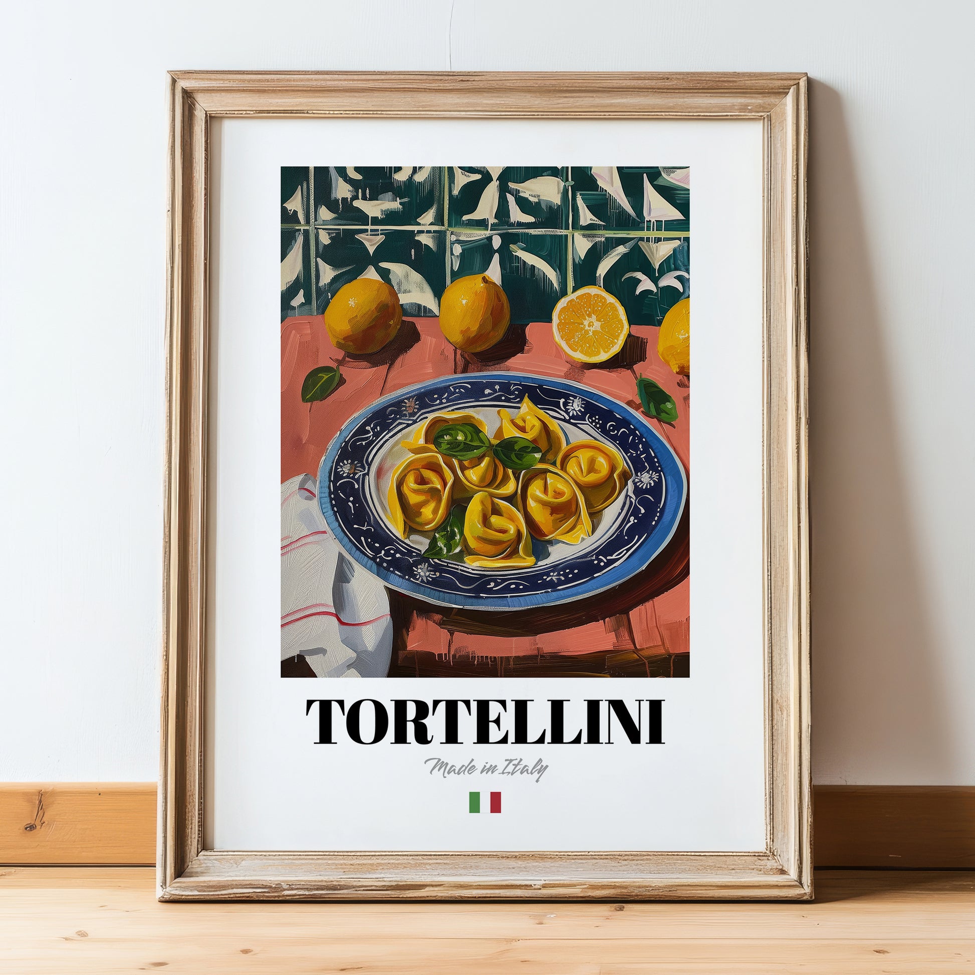 Tortellini – Italian Pasta, Ristorante Still Life, in wooden frame leaning on the floor