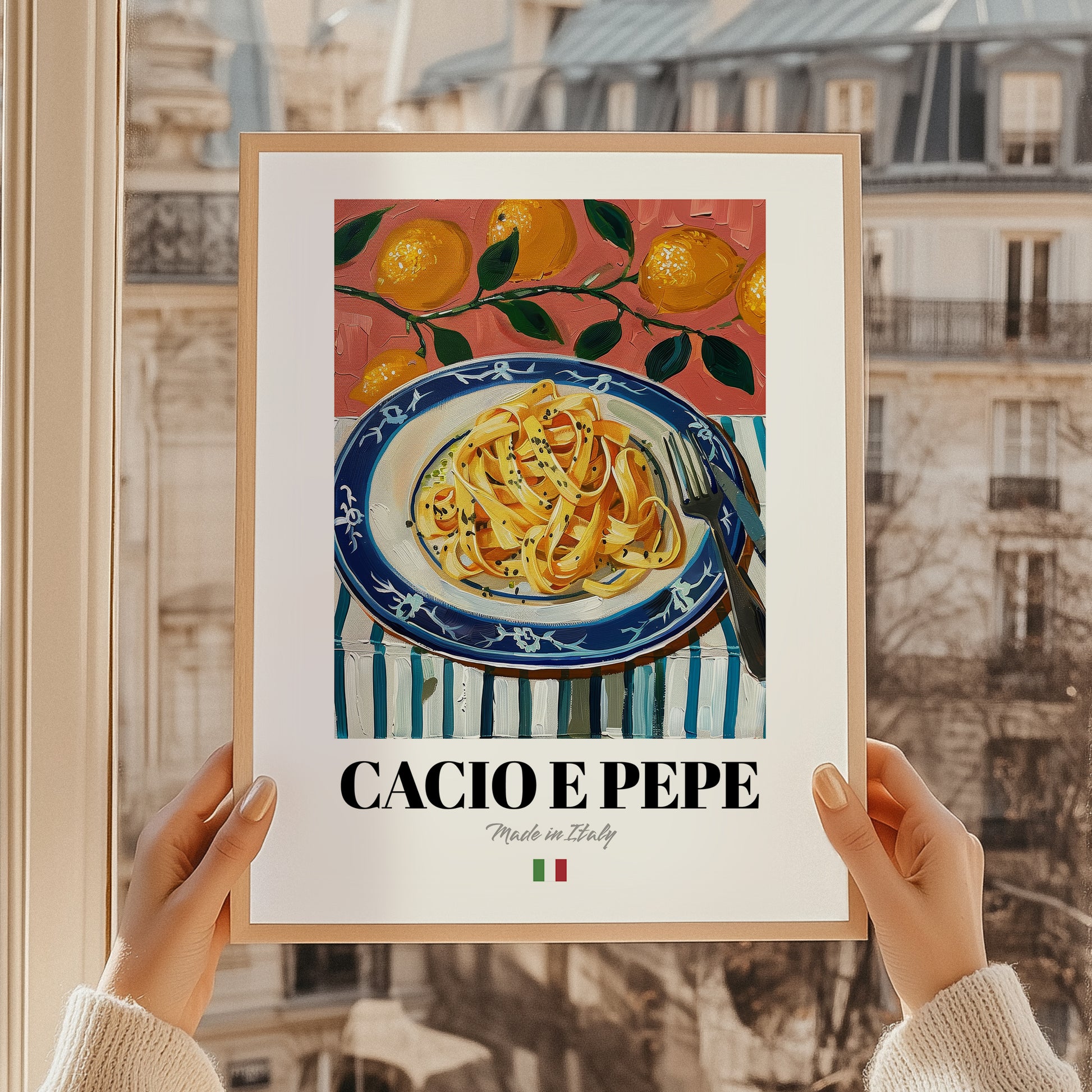 Cacio e Pepe – Italian Pasta, Restaurant Poster, styled in a charming Paris street view