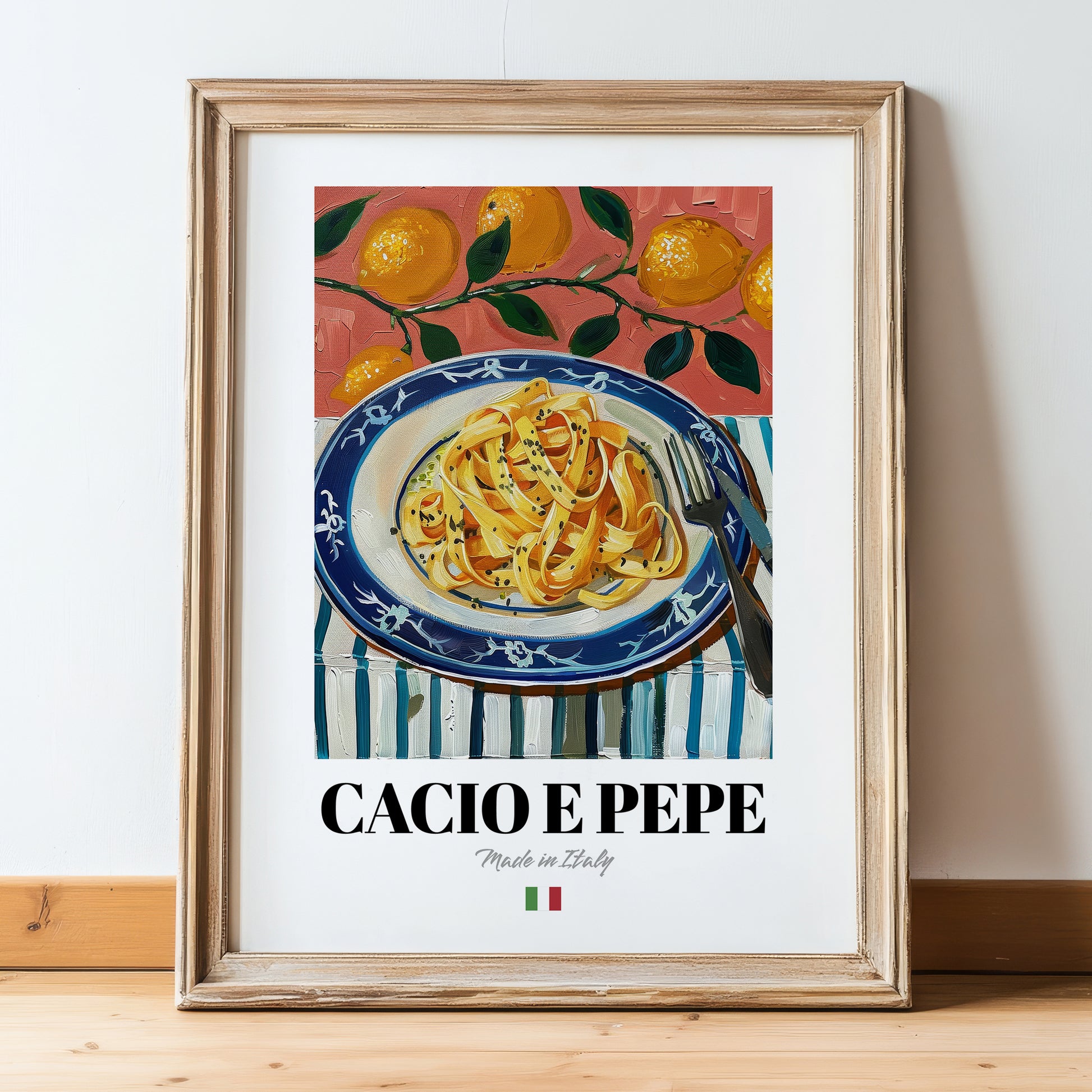 Cacio e Pepe – Italian Pasta, Restaurant Poster, in wooden frame leaning on the floor