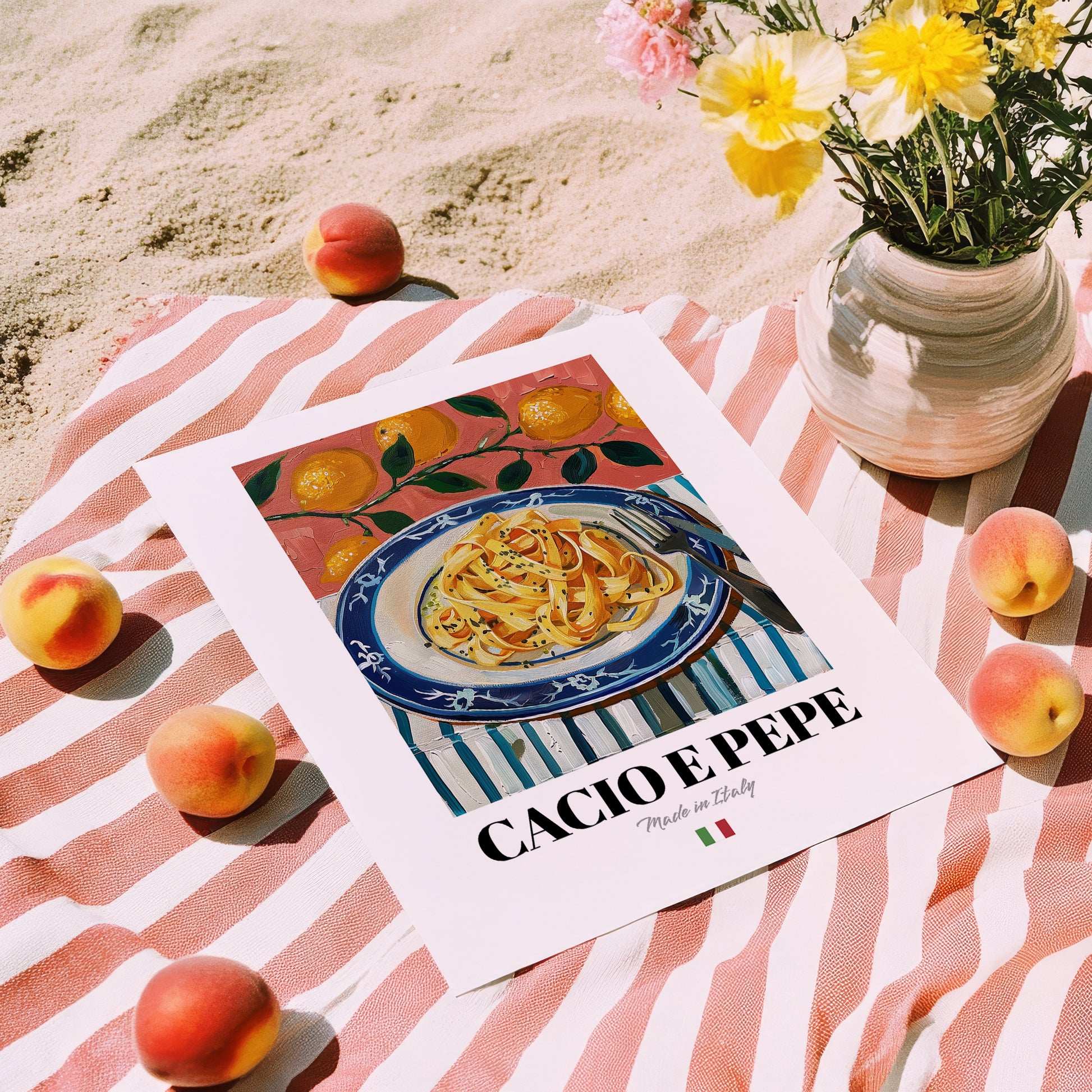 Cacio e Pepe – Italian Pasta, Restaurant Poster, unframed on coastal sand