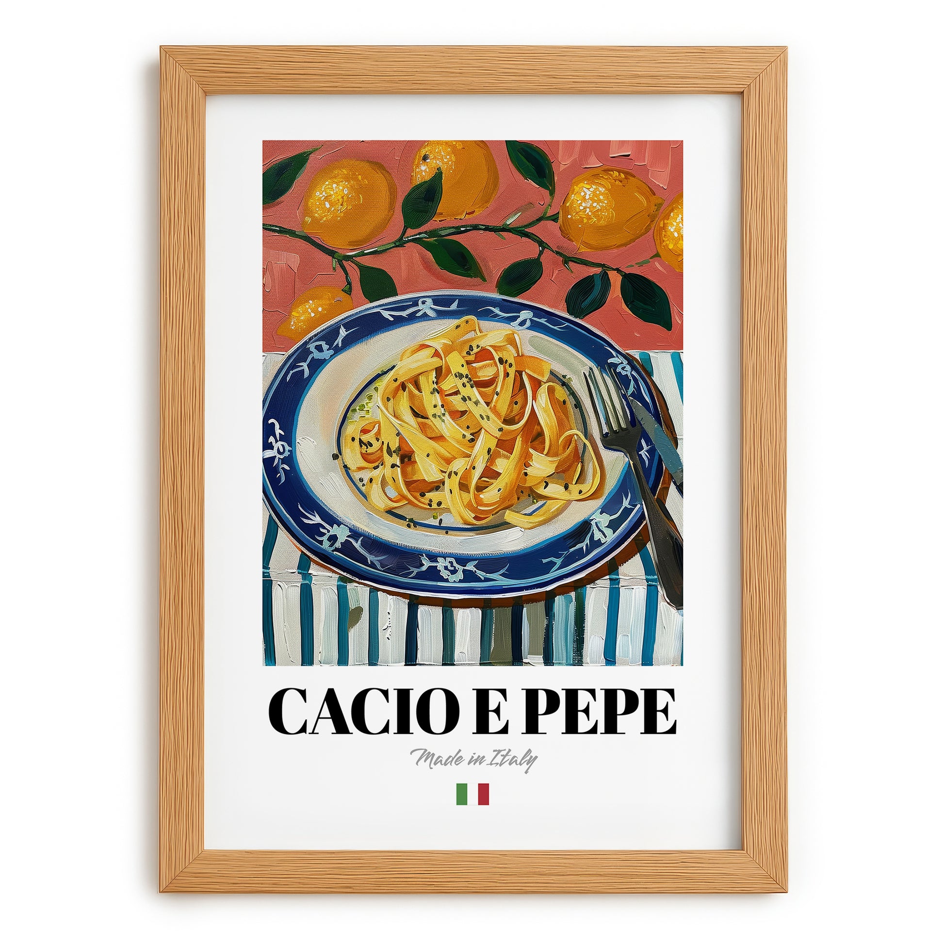 Cacio e Pepe – Italian Pasta, Restaurant Poster, set in oak frame