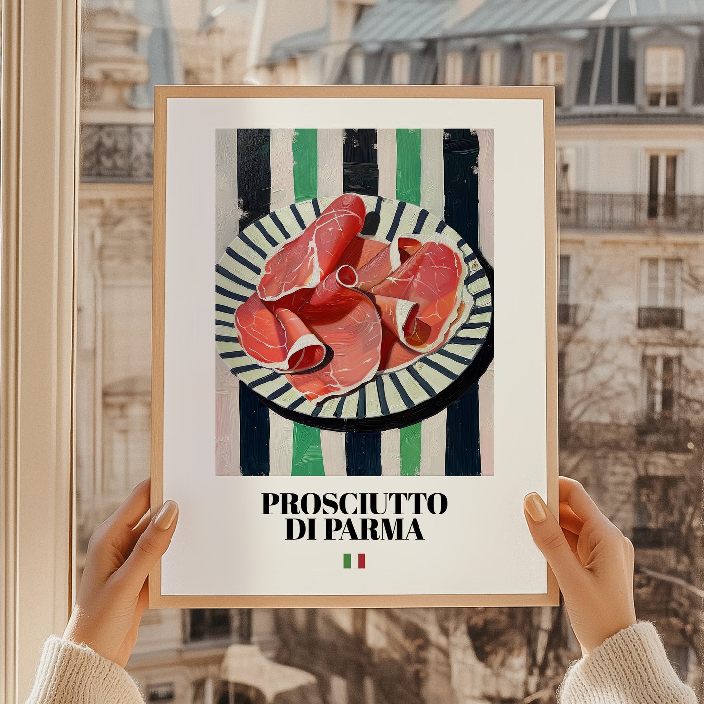 Prosciutto di Parma – Italian Meat Dish, Farmhouse Kitchen Painting, styled in a charming Paris street view