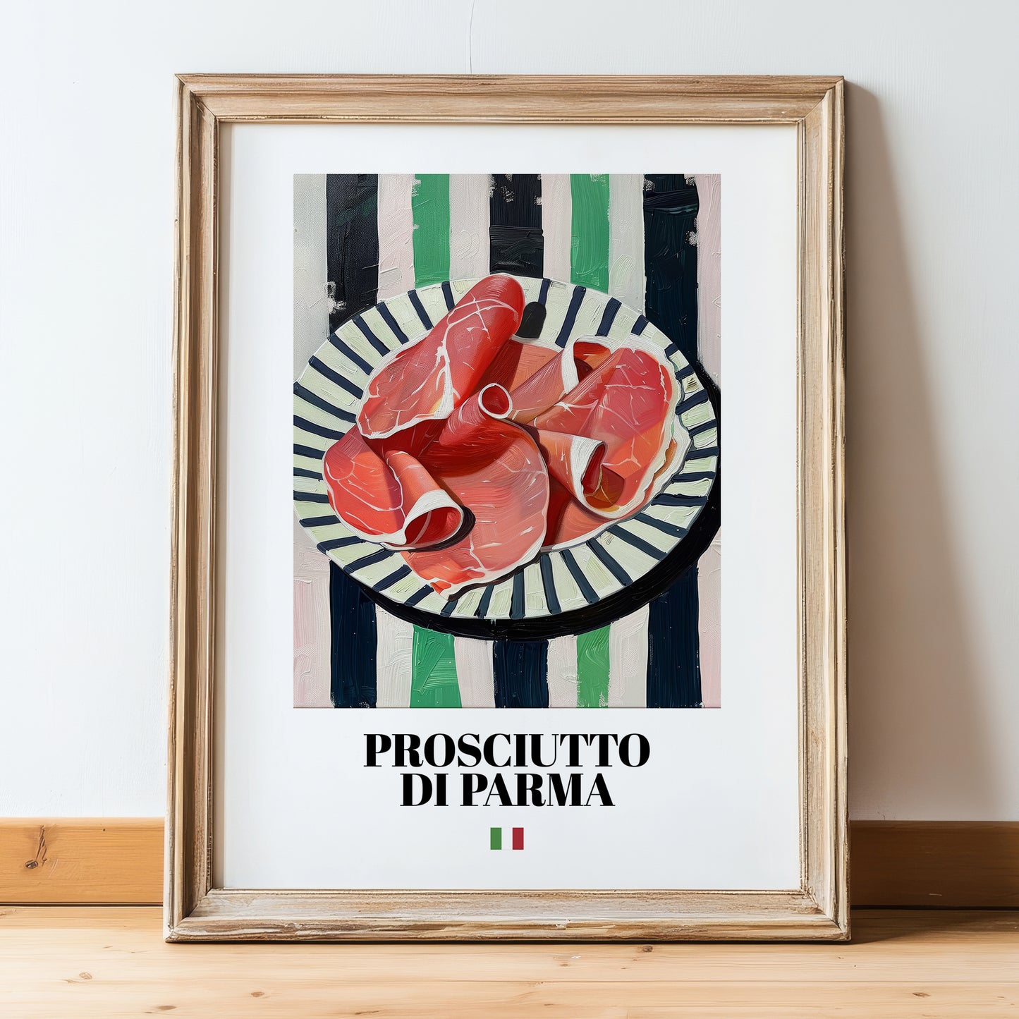 Prosciutto di Parma – Italian Meat Dish, Farmhouse Kitchen Painting, in wooden frame leaning on the floor