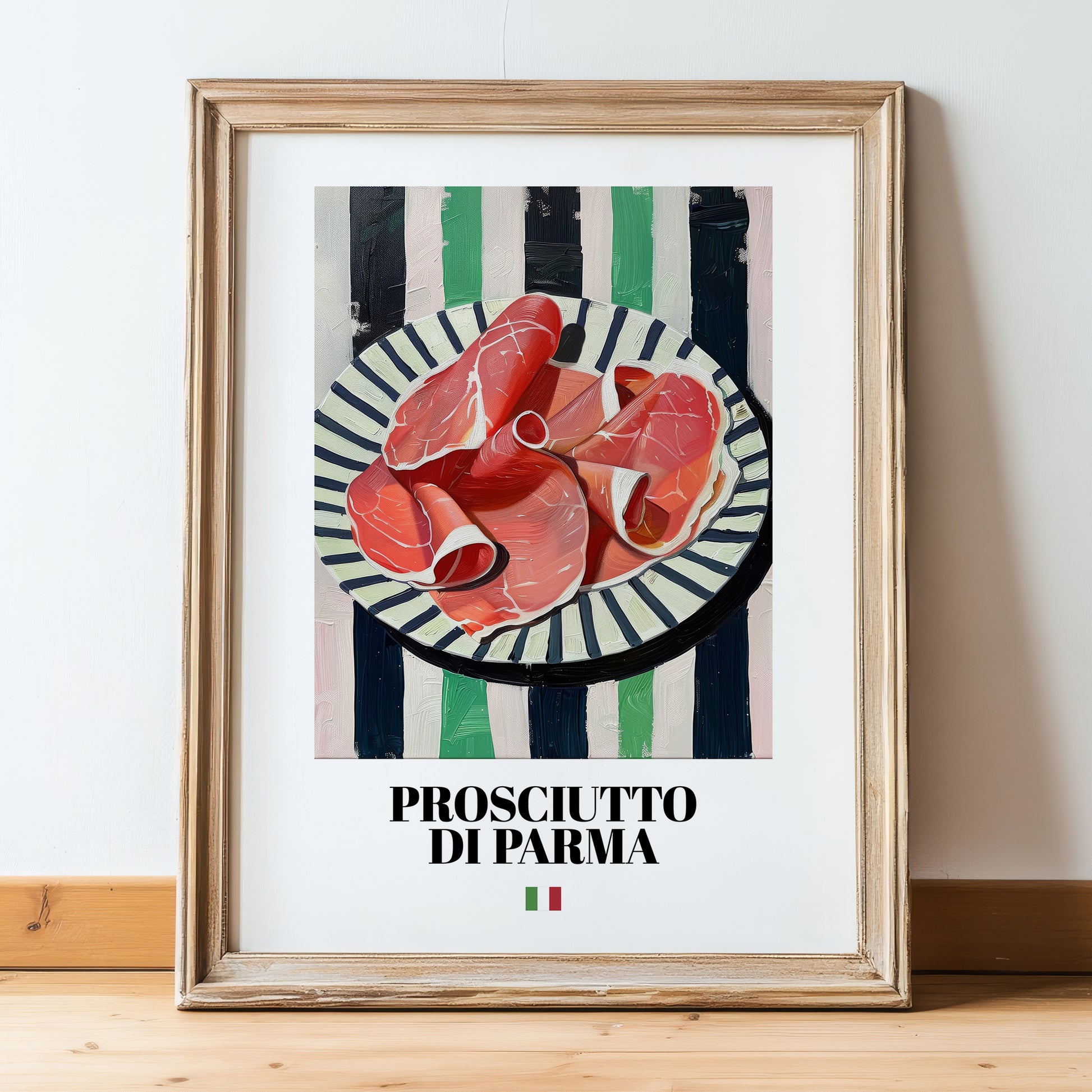 Prosciutto di Parma – Italian Meat Dish, Farmhouse Kitchen Painting, in wooden frame leaning on the floor