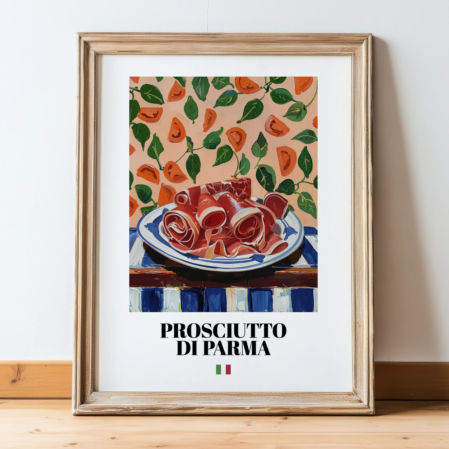Prosciutto di Parma – Italian Meat Dish, Restaurant Poster, in wooden frame leaning on the floor