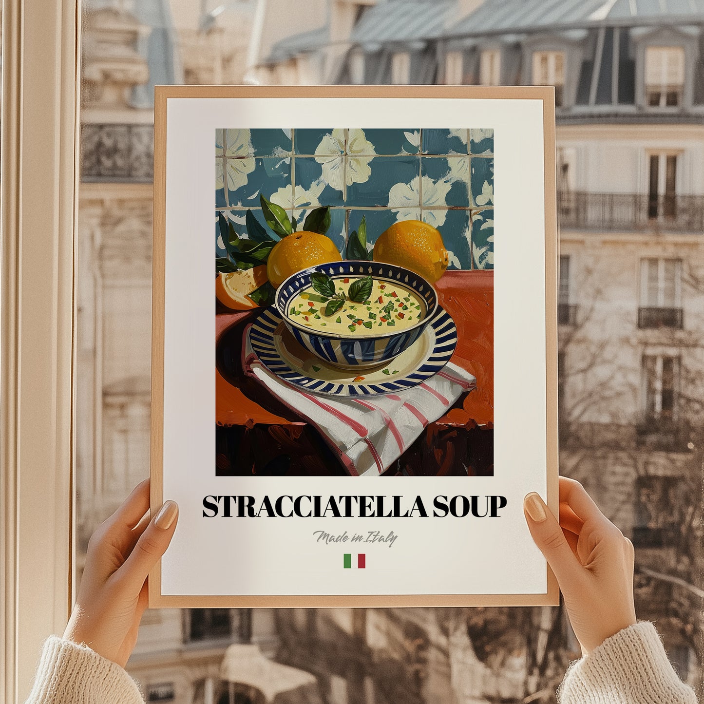 Stracciatella Soup – Italian Soup Dish, Farmhouse Kitchen Poster, styled in a charming Paris street view