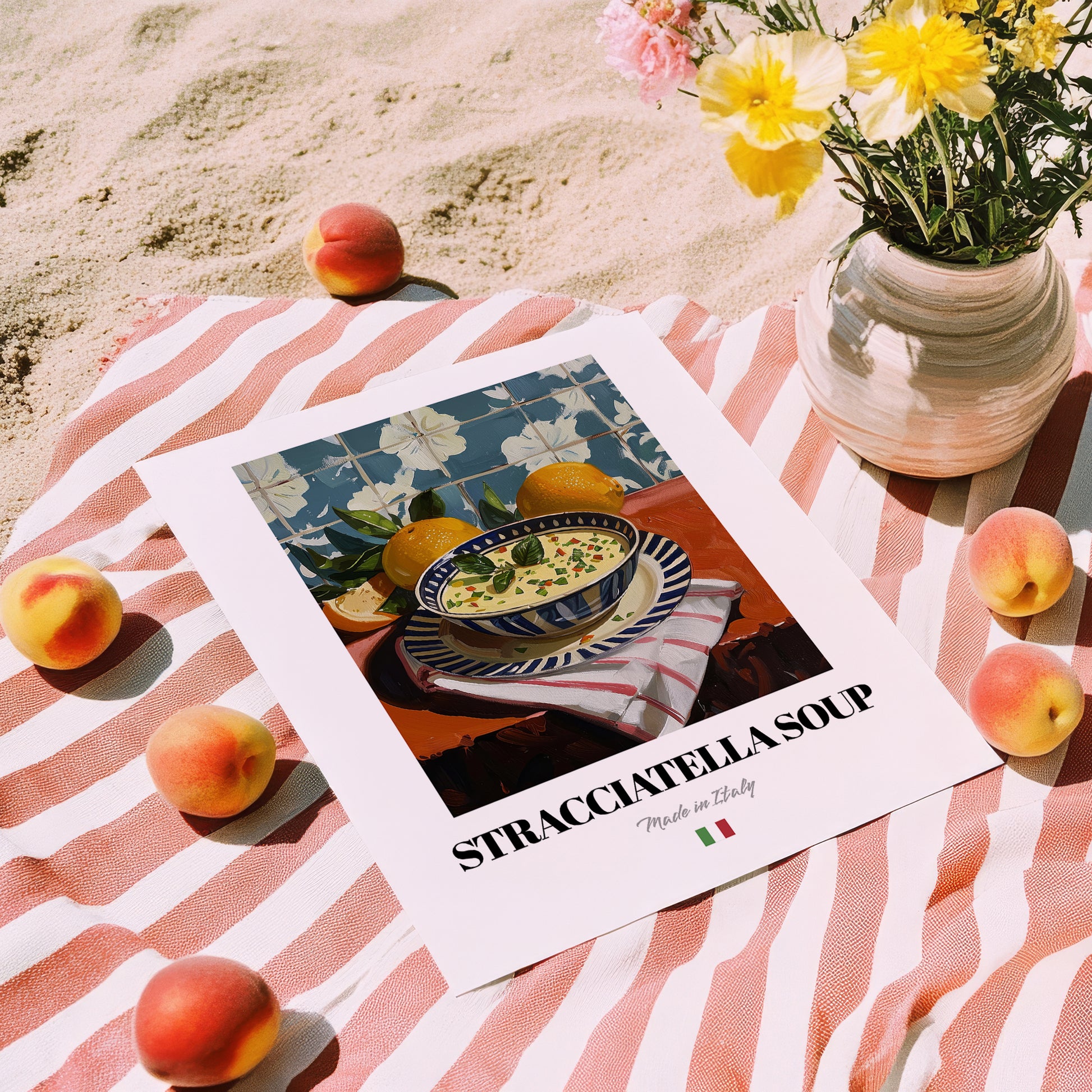 Stracciatella Soup – Italian Soup Dish, Farmhouse Kitchen Poster, unframed on coastal sand