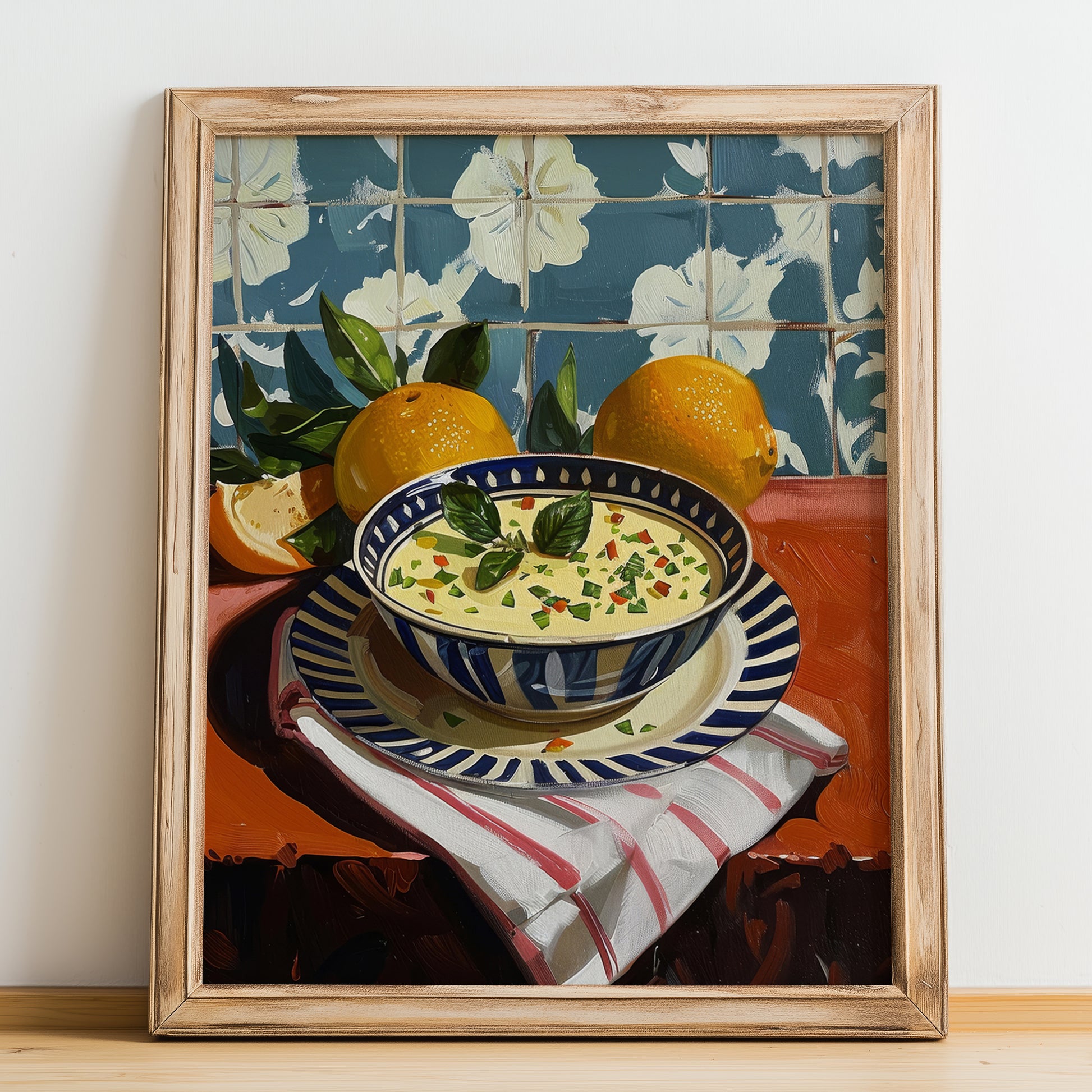 Stracciatella Soup – Italian Soup Dish, Farmhouse Kitchen Poster, no-text version framed in wood