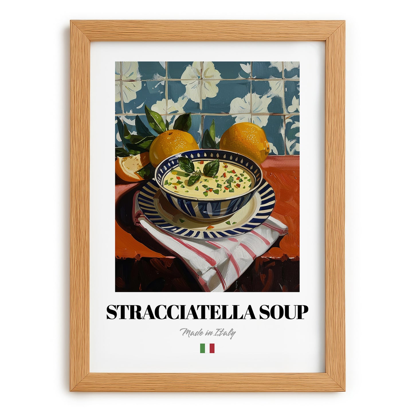 Stracciatella Soup – Italian Soup Dish, Farmhouse Kitchen Poster, set in oak frame