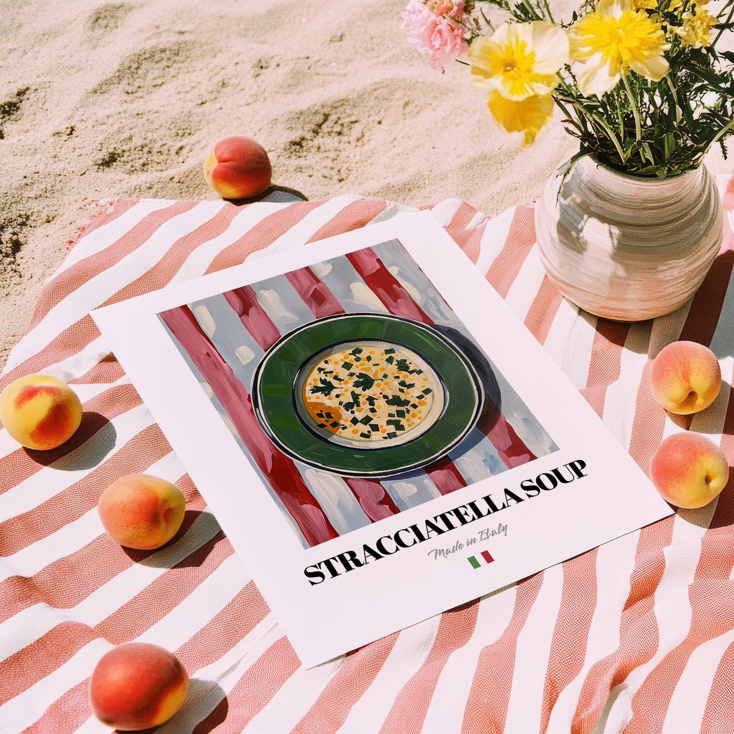 Stracciatella Soup – Italian Soup Dish, Restaurant Print, unframed on coastal sand