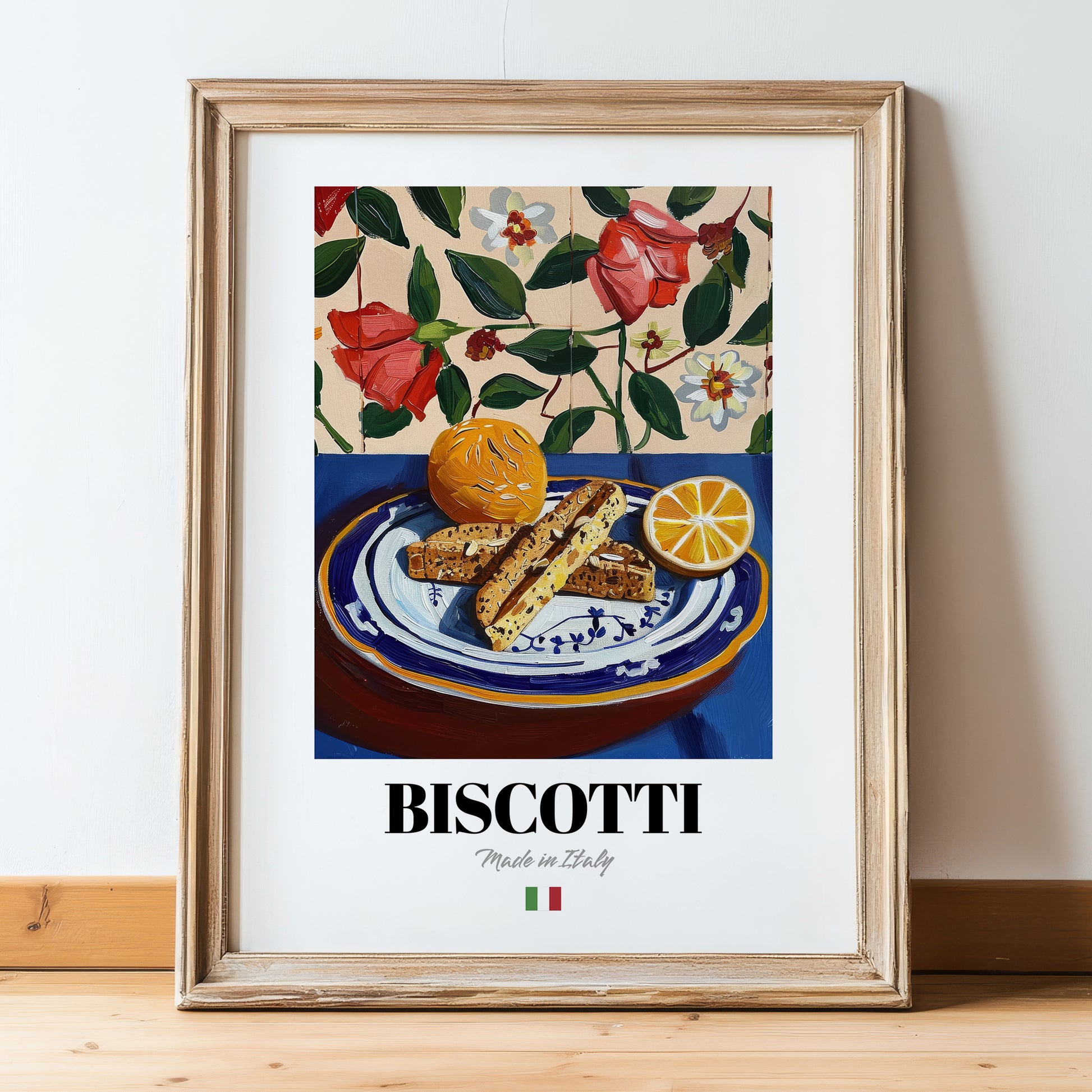 Biscotti – Italian Biscuits Dish, Bistro Print, in wooden frame leaning on the floor