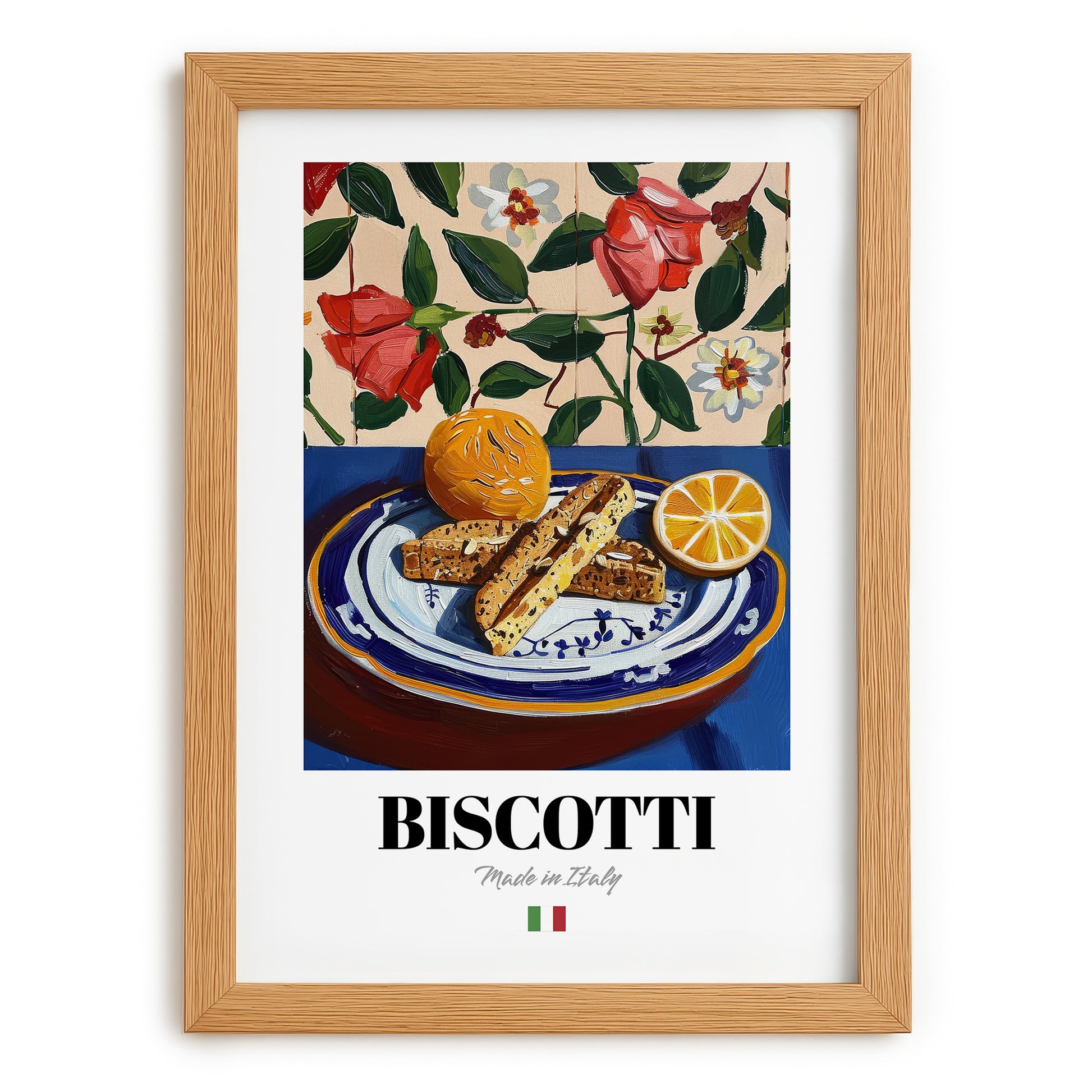 Biscotti – Italian Biscuits Dish, Bistro Print, set in oak frame