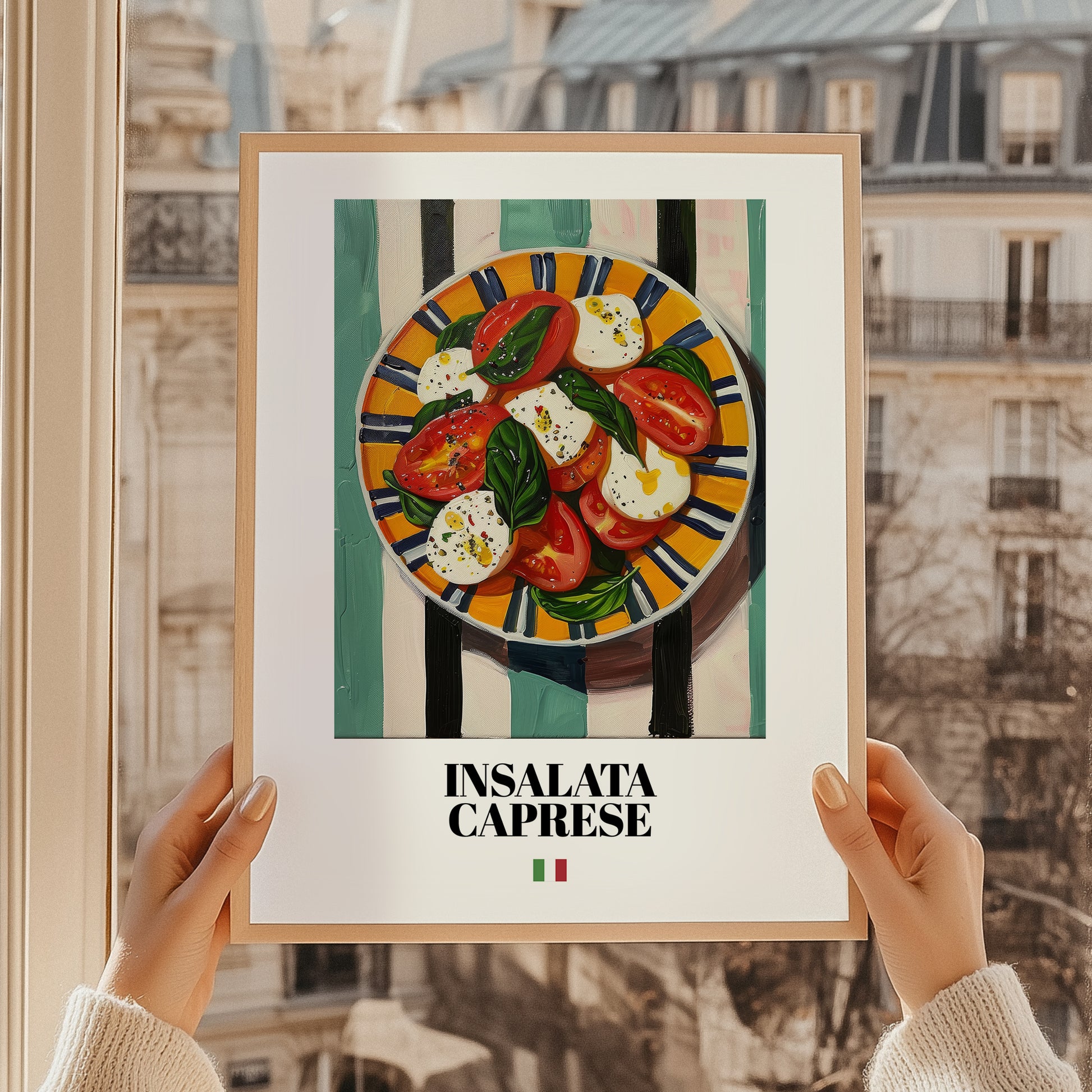 Insalata Caprese – Italian Salad Dish, Bistro Still Life, styled in a charming Paris street view