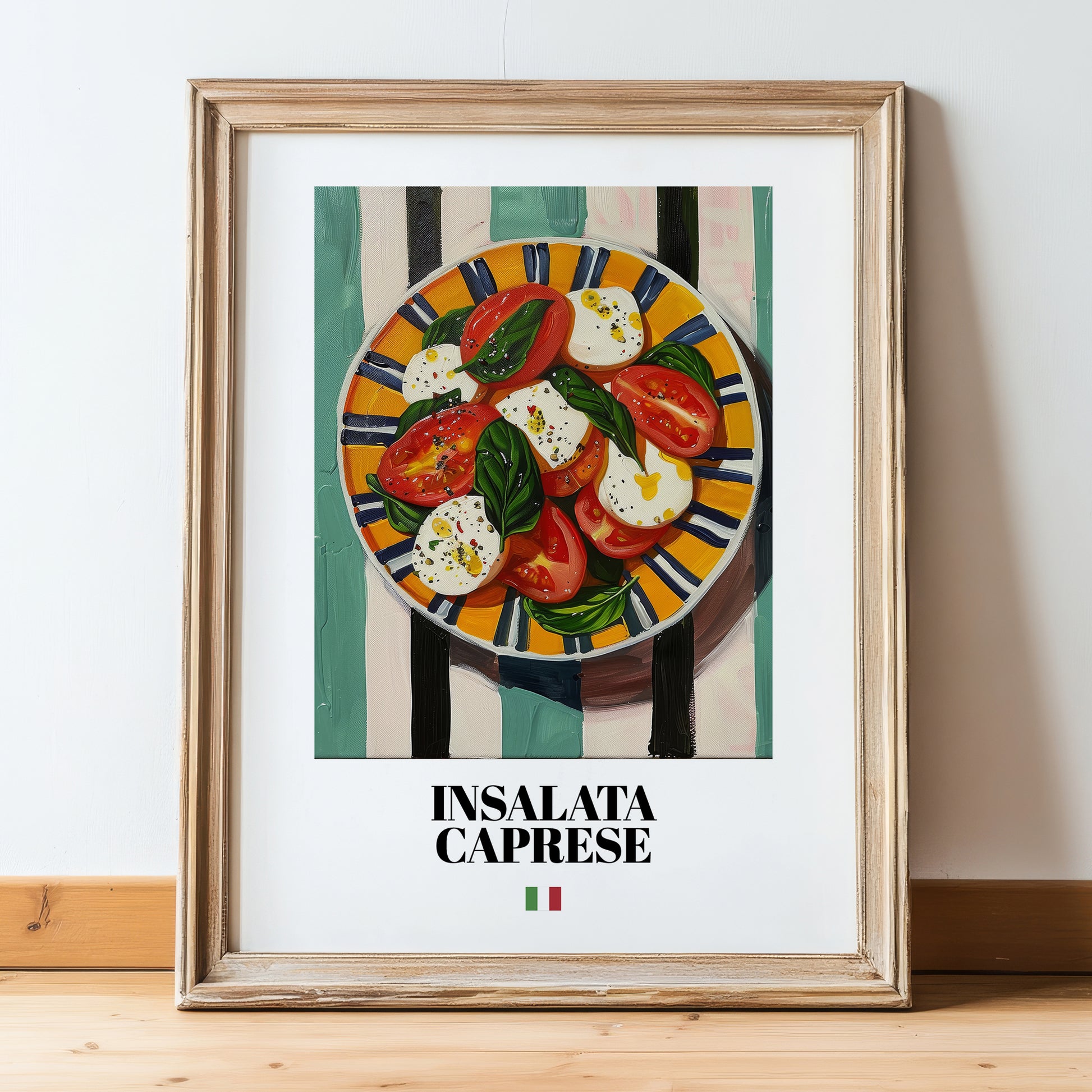Insalata Caprese – Italian Salad Dish, Bistro Still Life, in wooden frame leaning on the floor