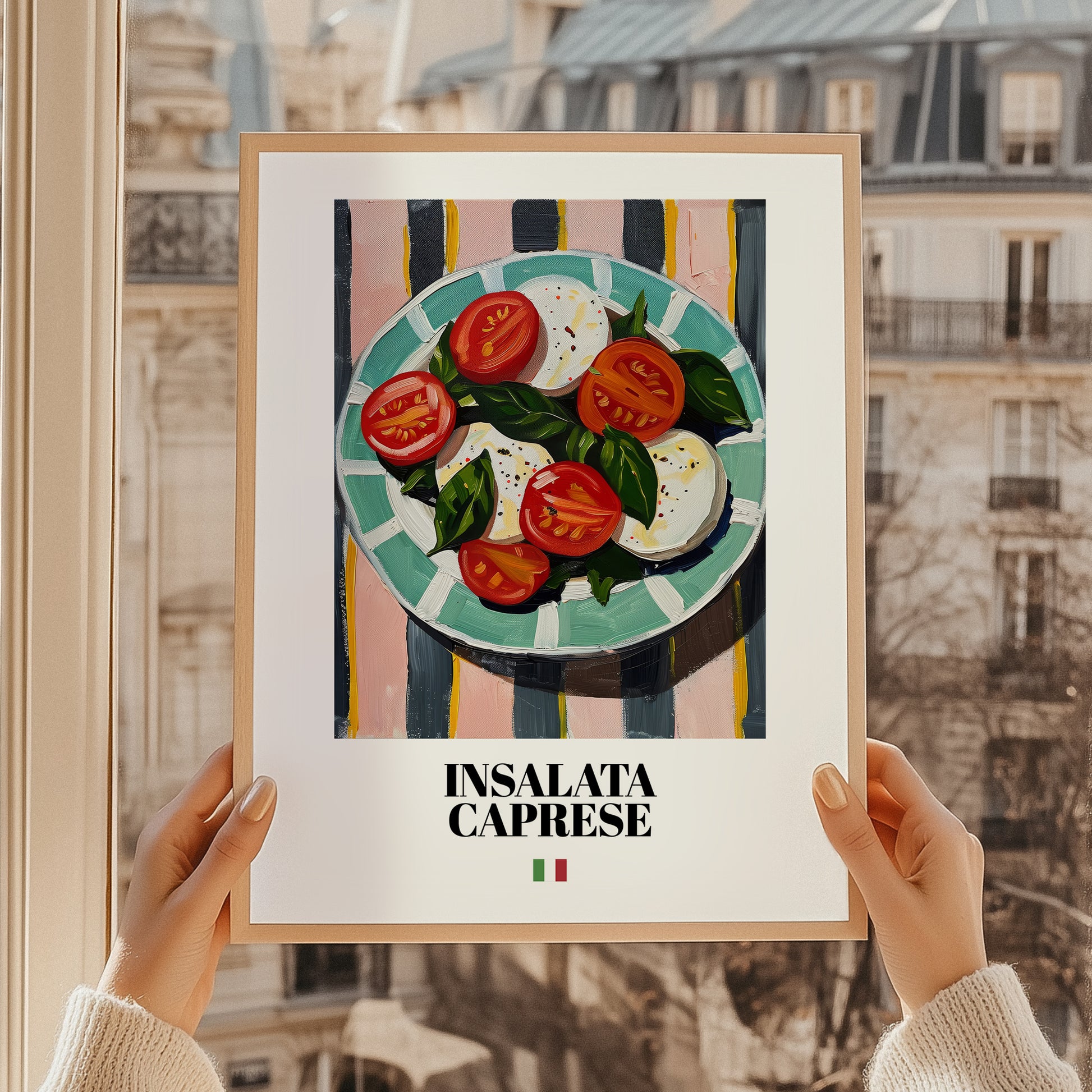 Insalata Caprese – Italian Salad Dish, Farmhouse Kitchen Poster, styled in a charming Paris street view