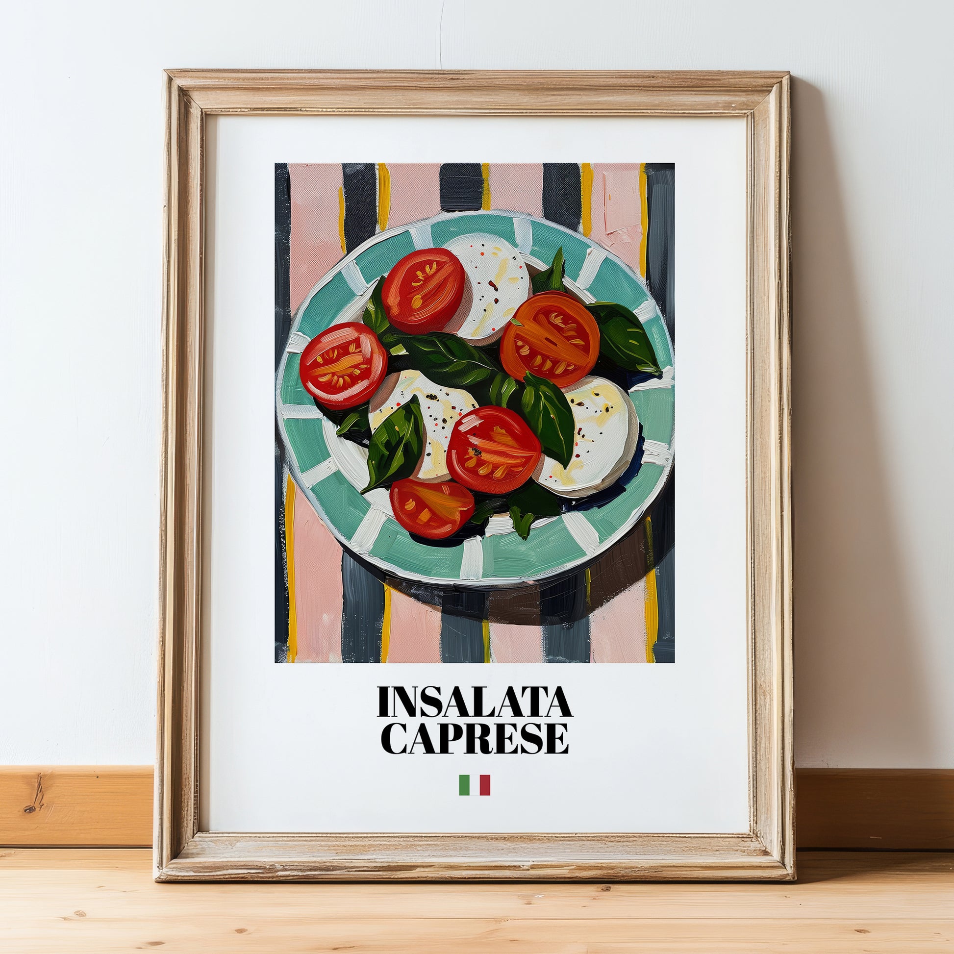 Insalata Caprese – Italian Salad Dish, Farmhouse Kitchen Poster, in wooden frame leaning on the floor