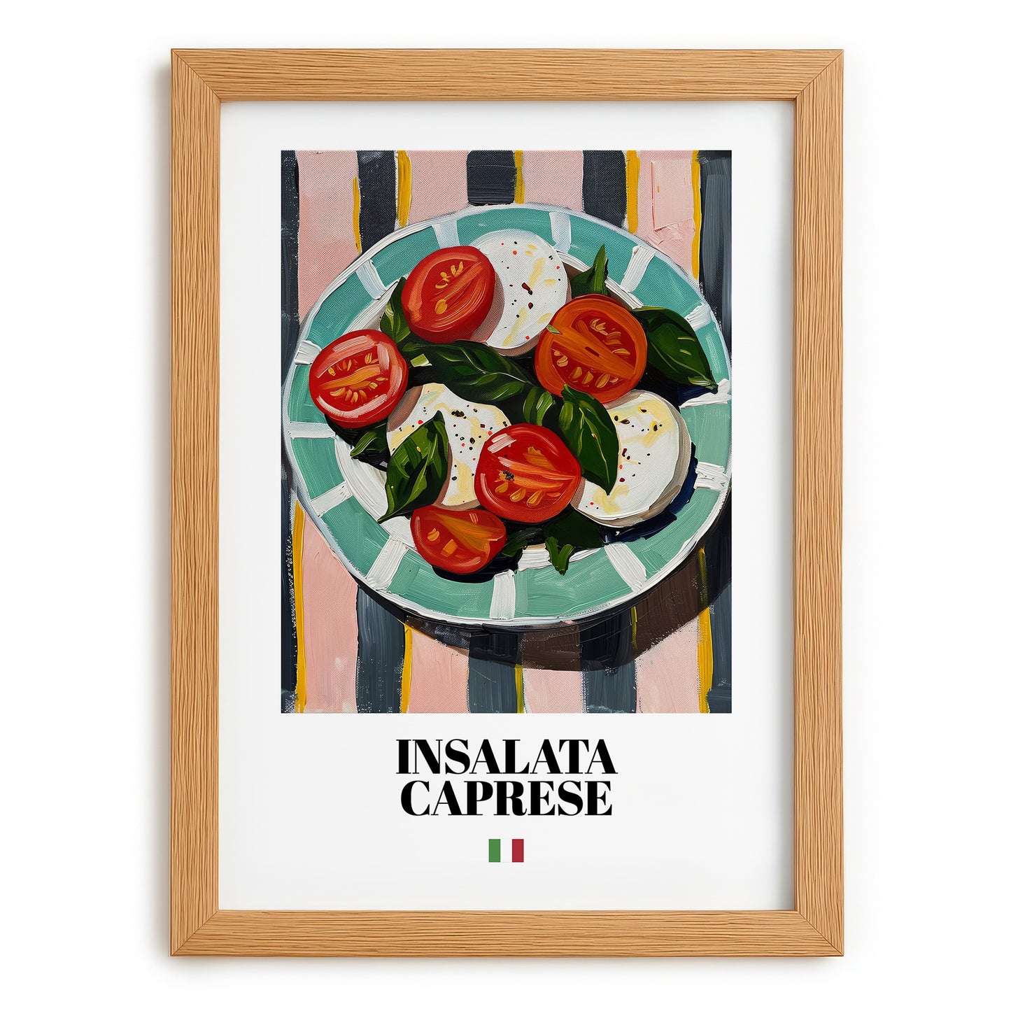 Insalata Caprese – Italian Salad Dish, Farmhouse Kitchen Poster, set in oak frame