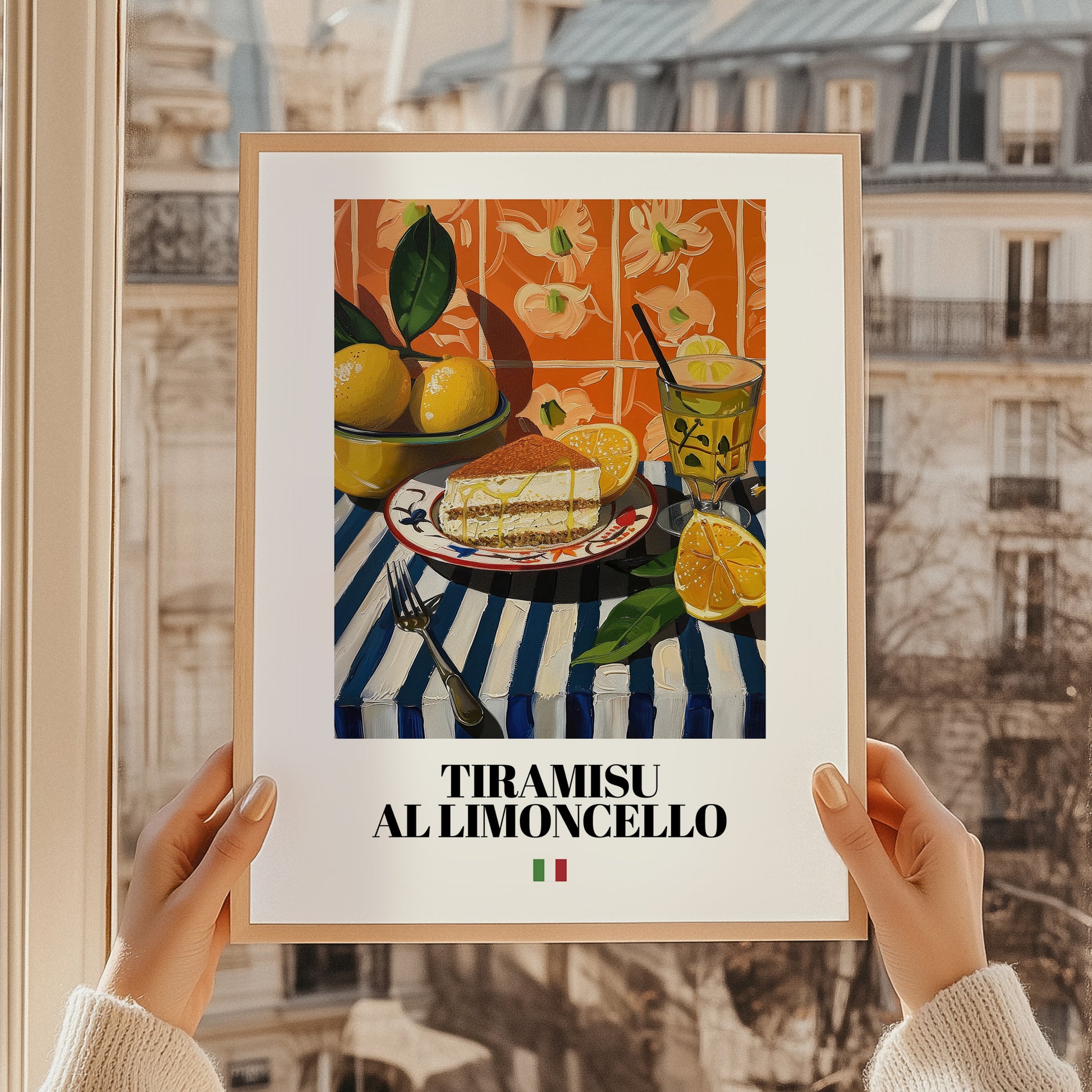 Tiramisu al Limoncello – Italian Dessert Dish, Restaurant Painting, styled in a charming Paris street view
