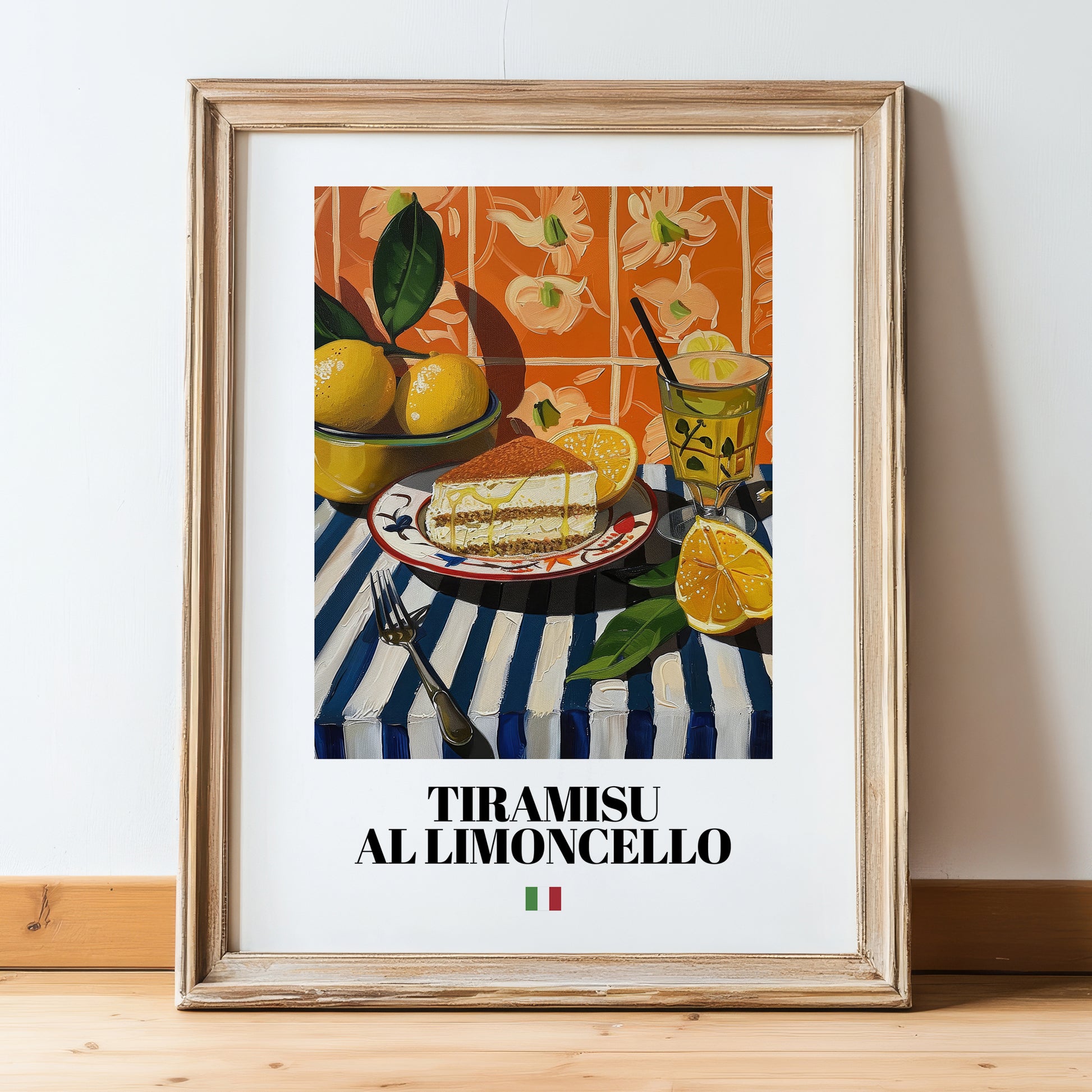Tiramisu al Limoncello – Italian Dessert Dish, Restaurant Painting, in wooden frame leaning on the floor