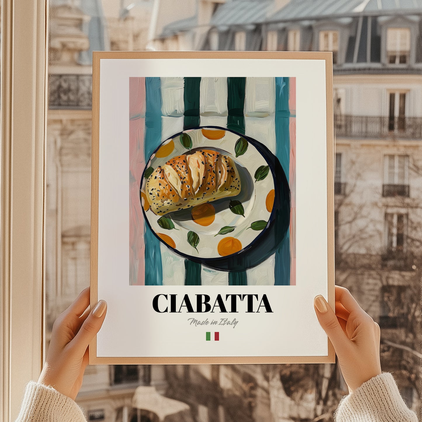 Ciabatta – Italian Bread Dish, Fine Dining Restaurant Illustration, styled in a charming Paris street view