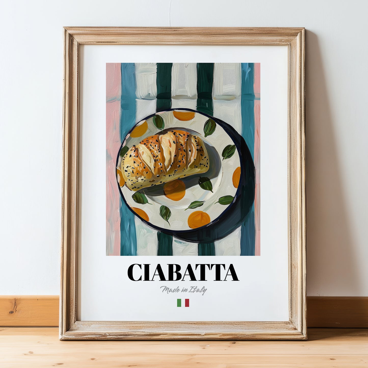 Ciabatta – Italian Bread Dish, Fine Dining Restaurant Illustration, in wooden frame leaning on the floor