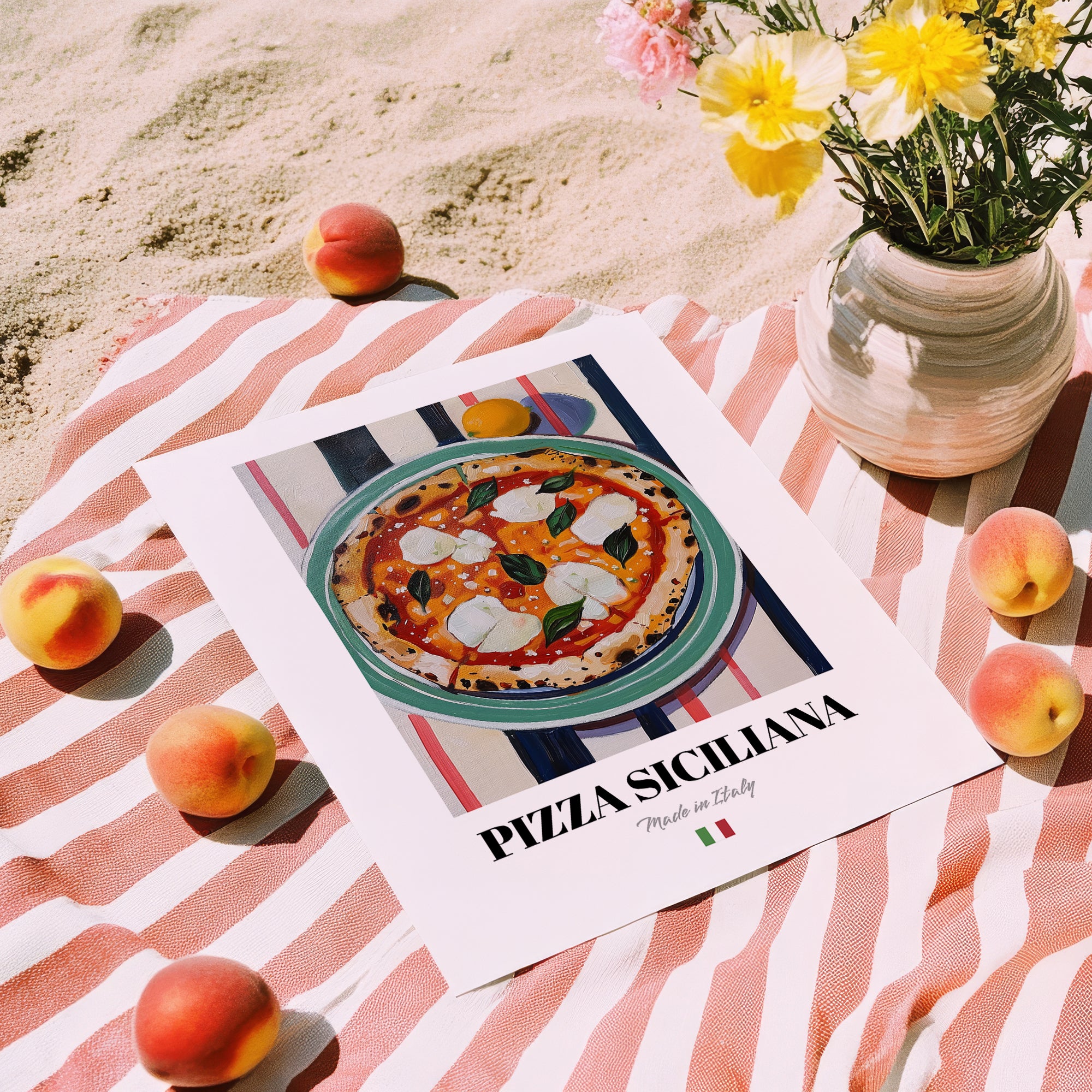 Pizza Siciliana – Italian Pizza, Restaurant Poster, unframed on coastal sand