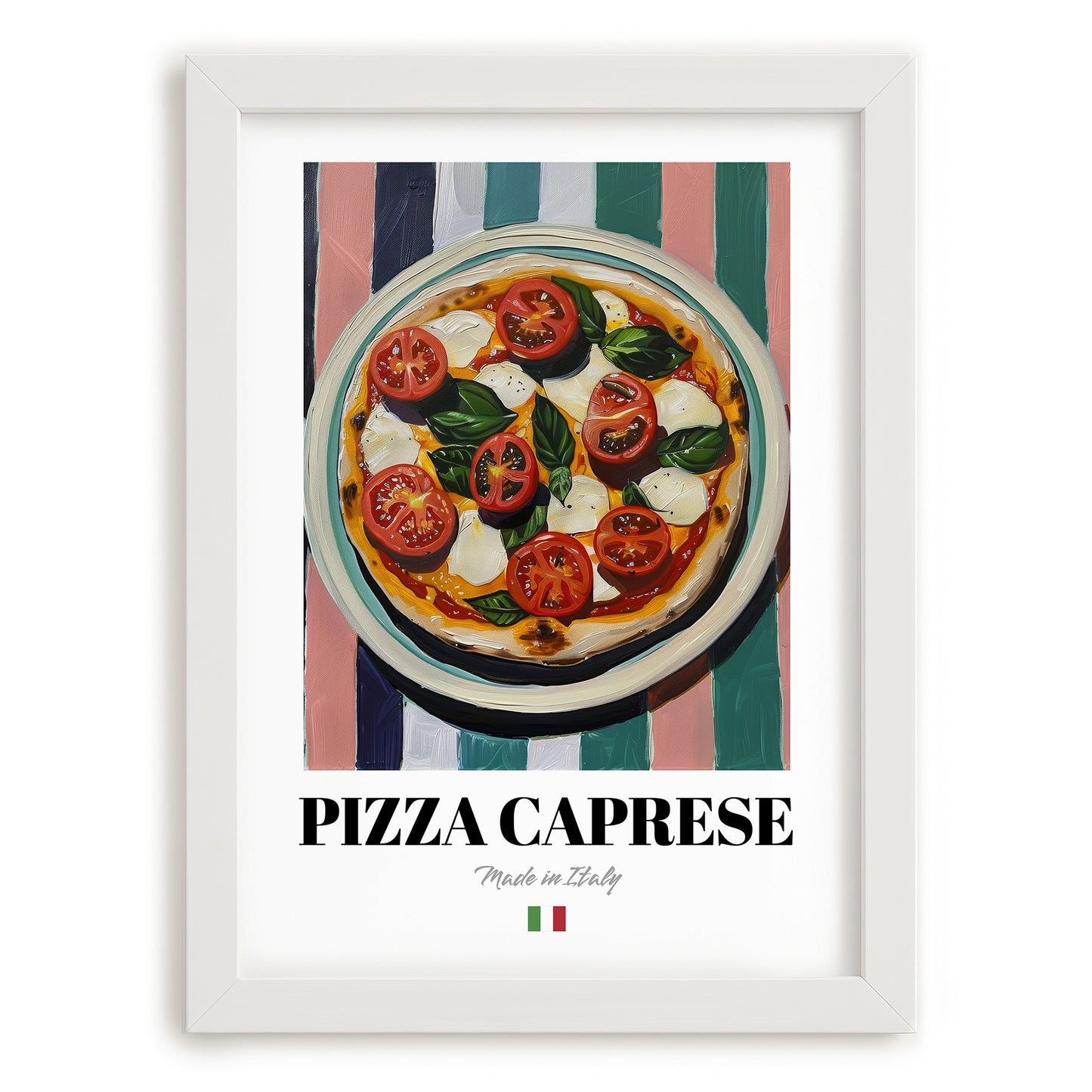 Pizza Caprese – Italian Pizza, Pizzeria Wall Art, placed in minimal white frame