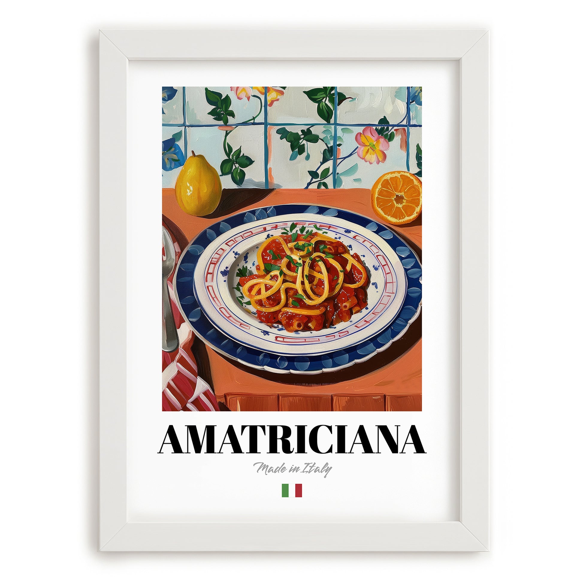 Amatriciana – Italian Pasta, Trattoria Still Life, placed in minimal white frame