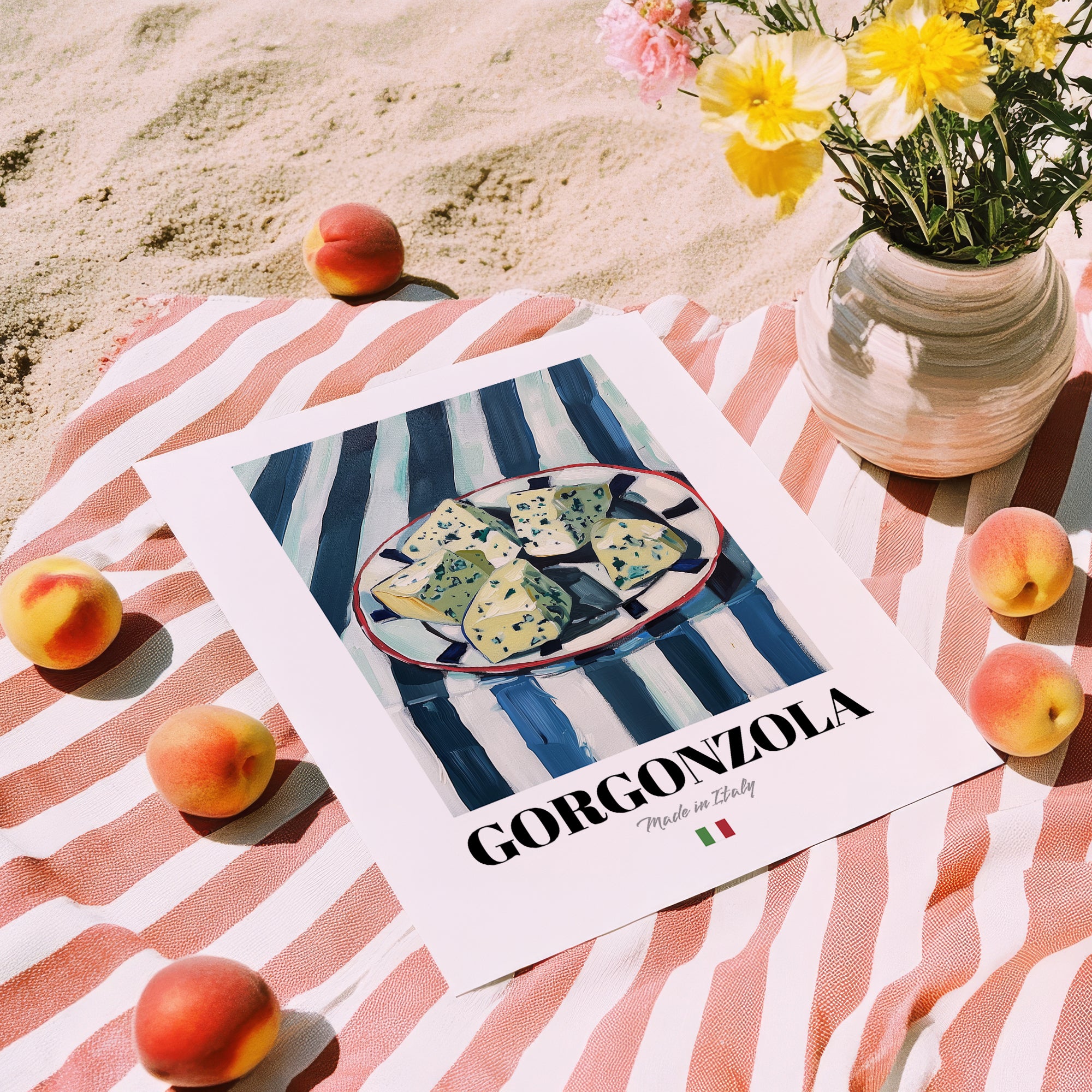 Gorgonzola – Italian Cheese Dish, Café Poster, unframed on coastal sand