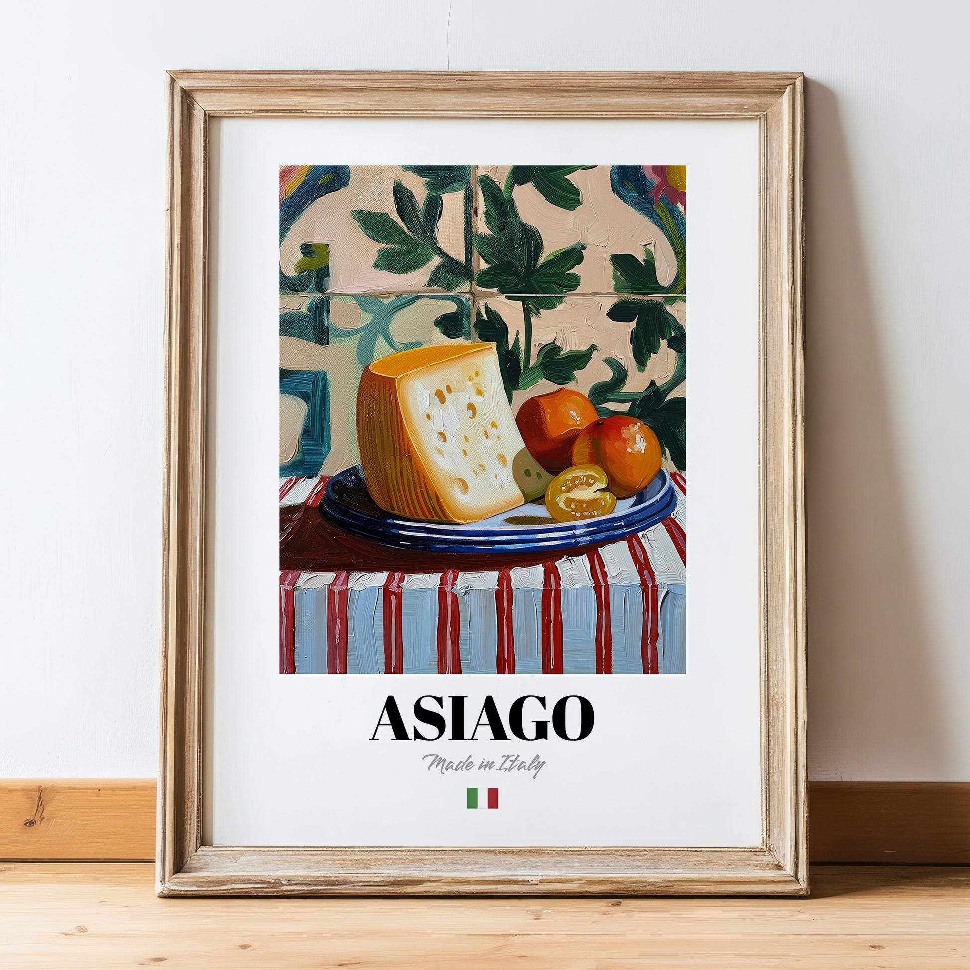 Asiago – Italian Cheese Dish, Restaurant Wall Art, in wooden frame leaning on the floor