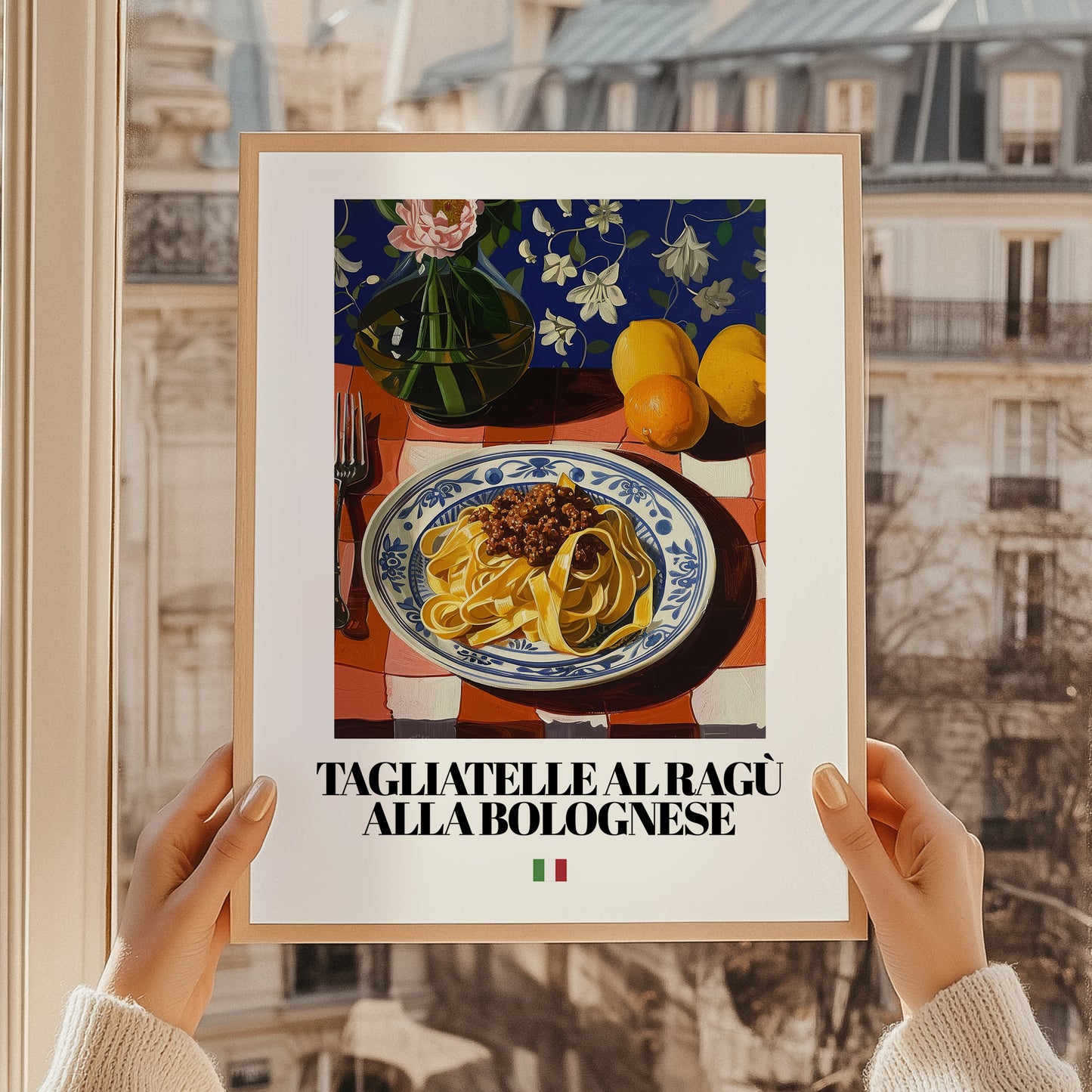 Tagliatelle al ragù alla Bolognese – Italian Pasta, Trattoria Still Life, styled in a charming Paris street view