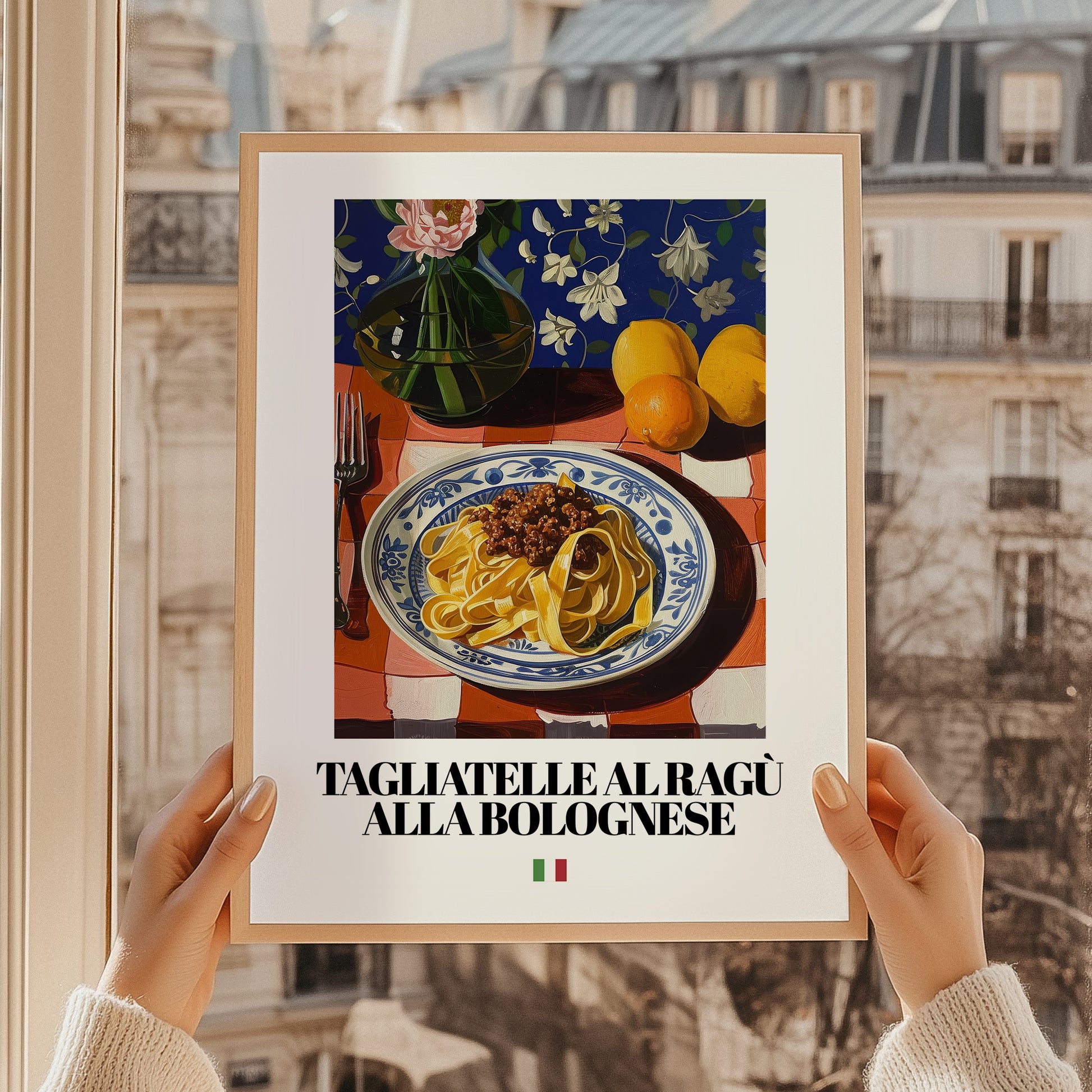 Tagliatelle al ragù alla Bolognese – Italian Pasta, Trattoria Still Life, styled in a charming Paris street view