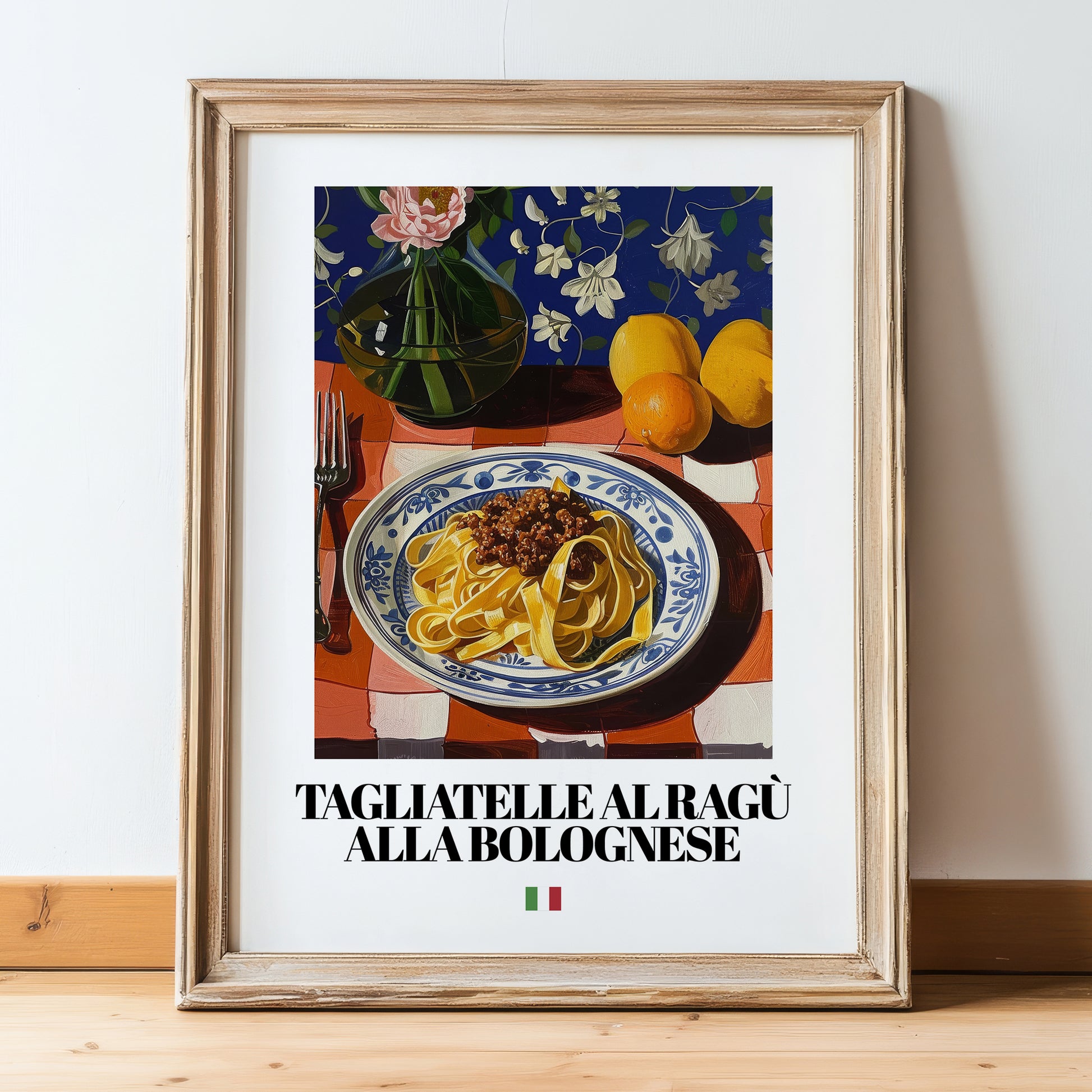 Tagliatelle al ragù alla Bolognese – Italian Pasta, Trattoria Still Life, in wooden frame leaning on the floor