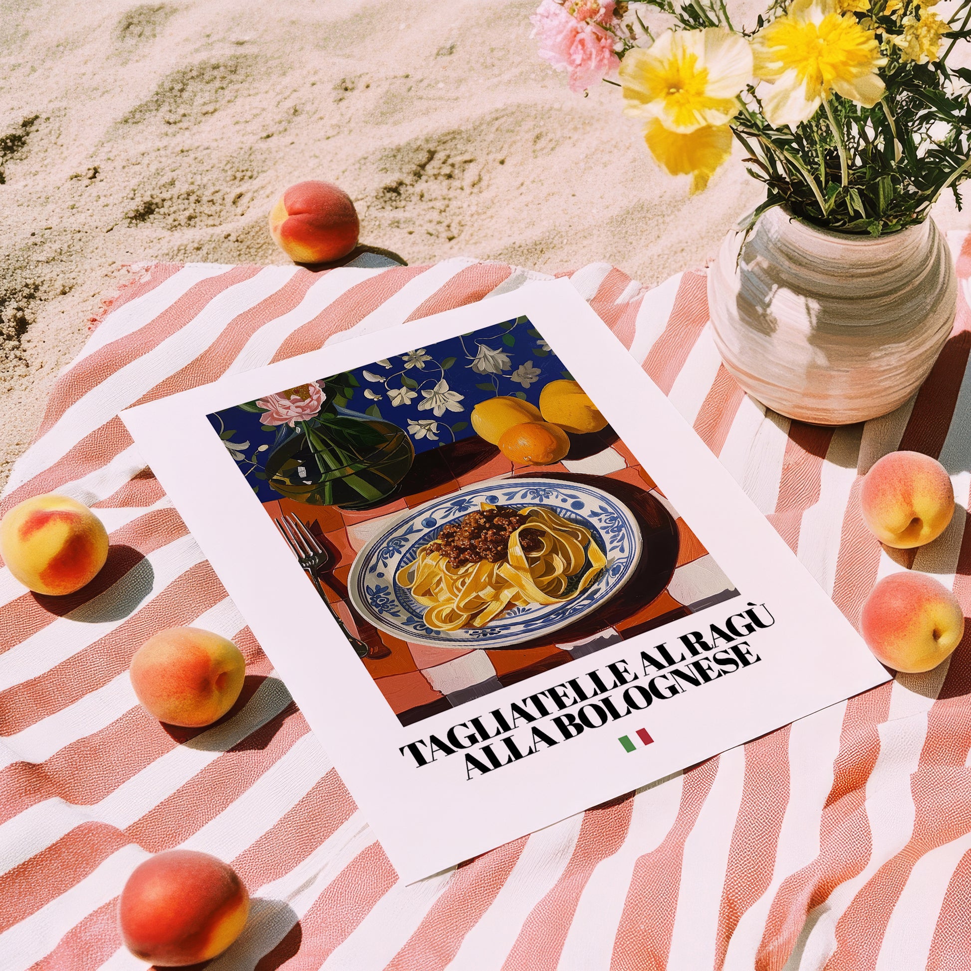 Tagliatelle al ragù alla Bolognese – Italian Pasta, Trattoria Still Life, unframed on coastal sand