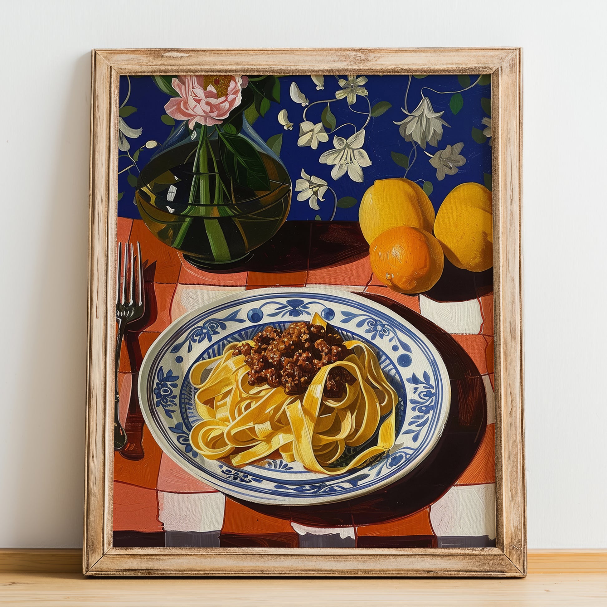Tagliatelle al ragù alla Bolognese – Italian Pasta, Trattoria Still Life, no-text version framed in wood