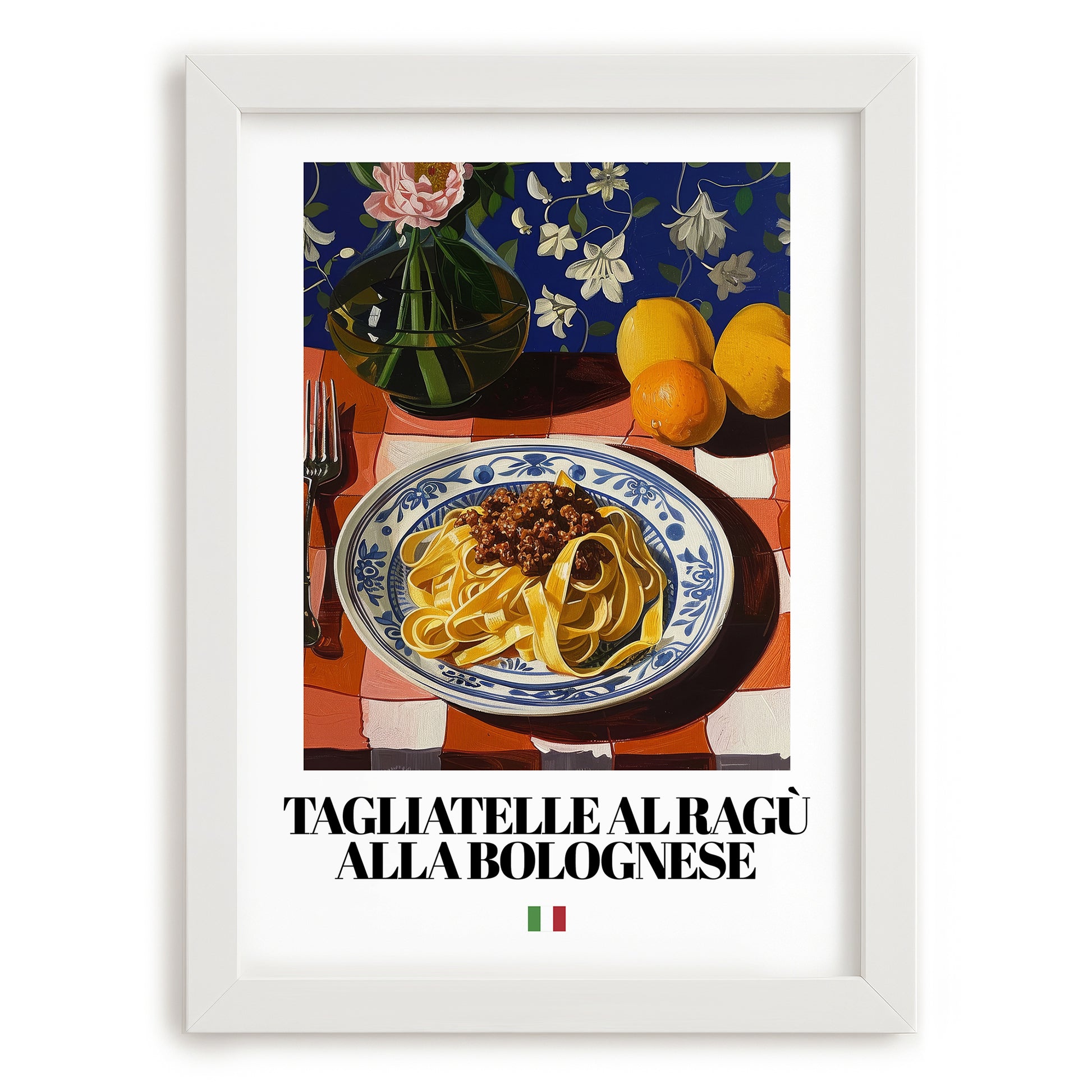Tagliatelle al ragù alla Bolognese – Italian Pasta, Trattoria Still Life, placed in minimal white frame