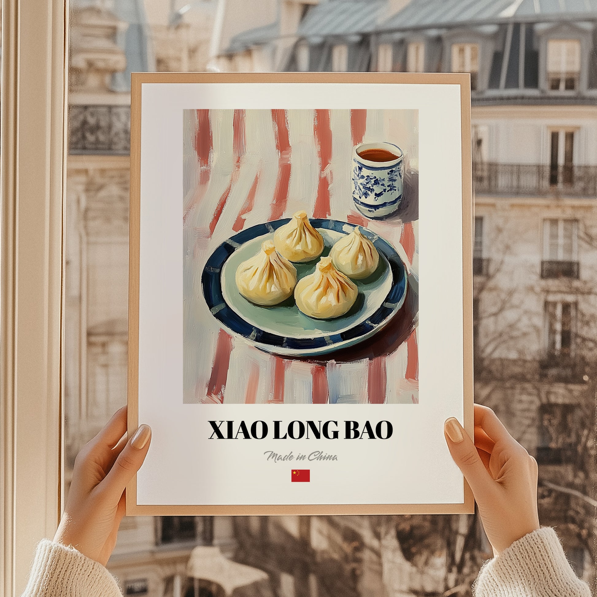 Xiao Long Bao – on Striped Tablecloth, Chinese Food Painting, styled in a charming Paris street view