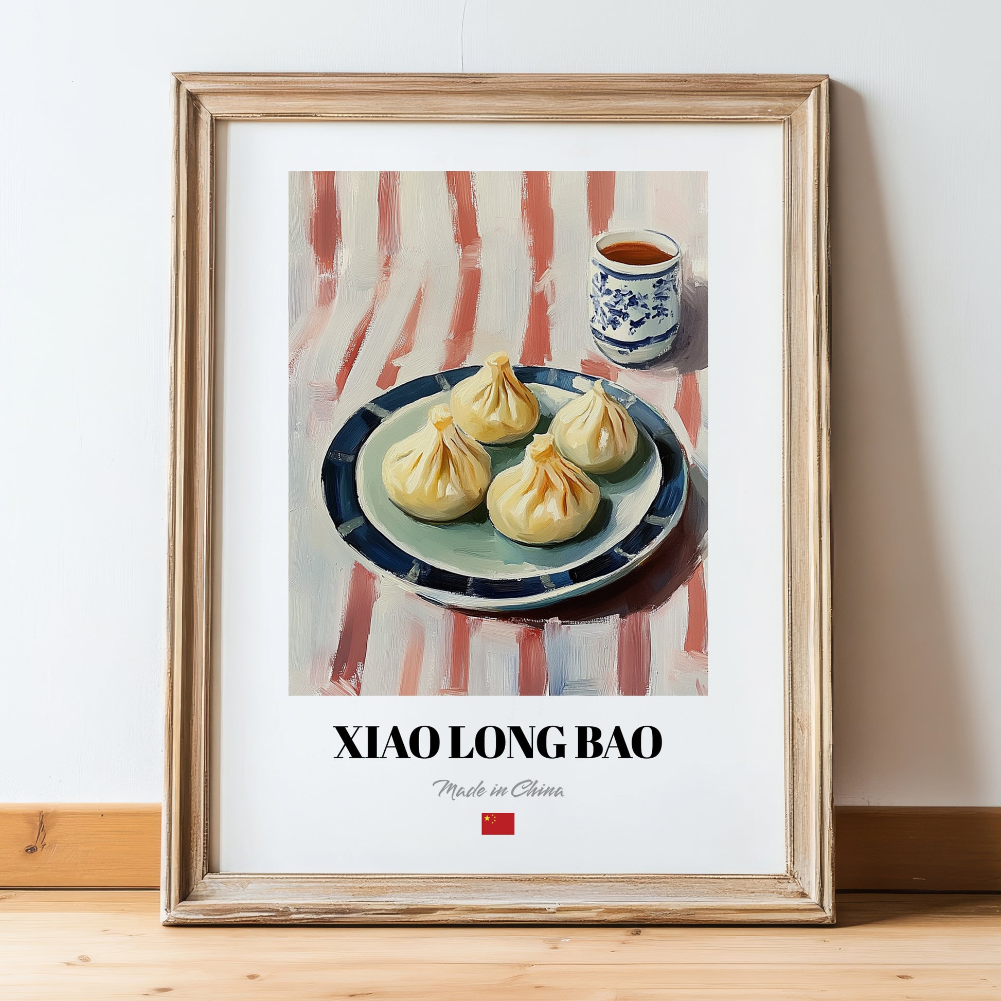 Xiao Long Bao – on Striped Tablecloth, Chinese Food Painting, in wooden frame leaning on the floor