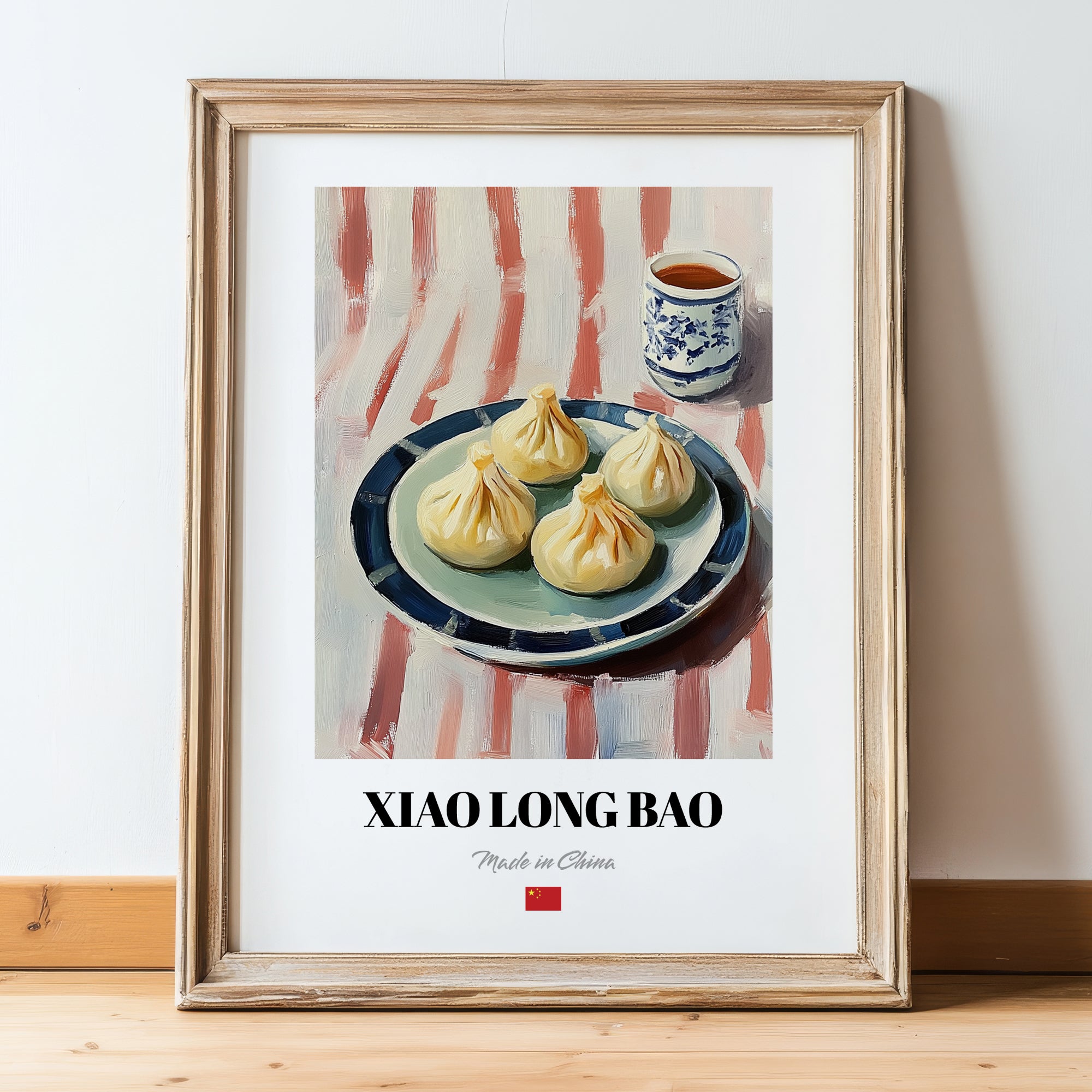 Xiao Long Bao – on Striped Tablecloth, Chinese Food Painting, in wooden frame leaning on the floor