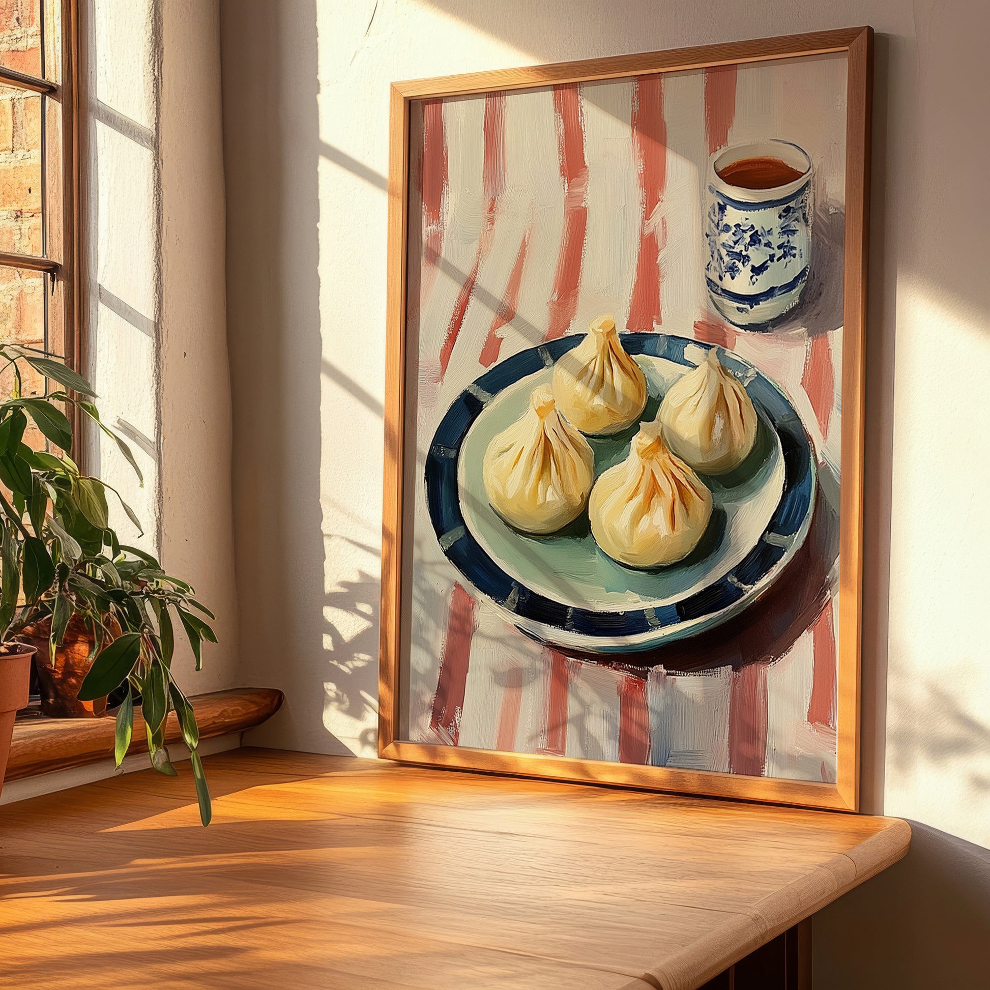 Xiao Long Bao – on Striped Tablecloth, Chinese Food Painting, clean layout with no caption